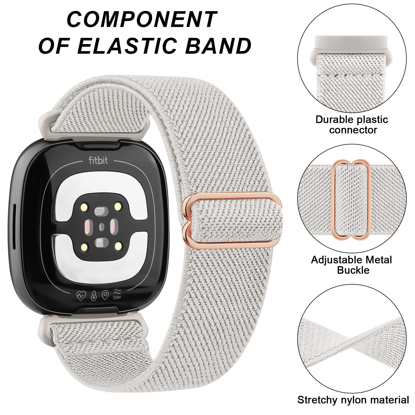 AK Compatible with Fitbit Versa 4 Strap/Fitbit Versa 3 Straps/Fitbit Sense Strap/Sense 2 Strap for Women Men, Soft Elastic Nylon Sport Replacement for Fitbit Versa 4/Versa 3/Sense 2(Starlight)