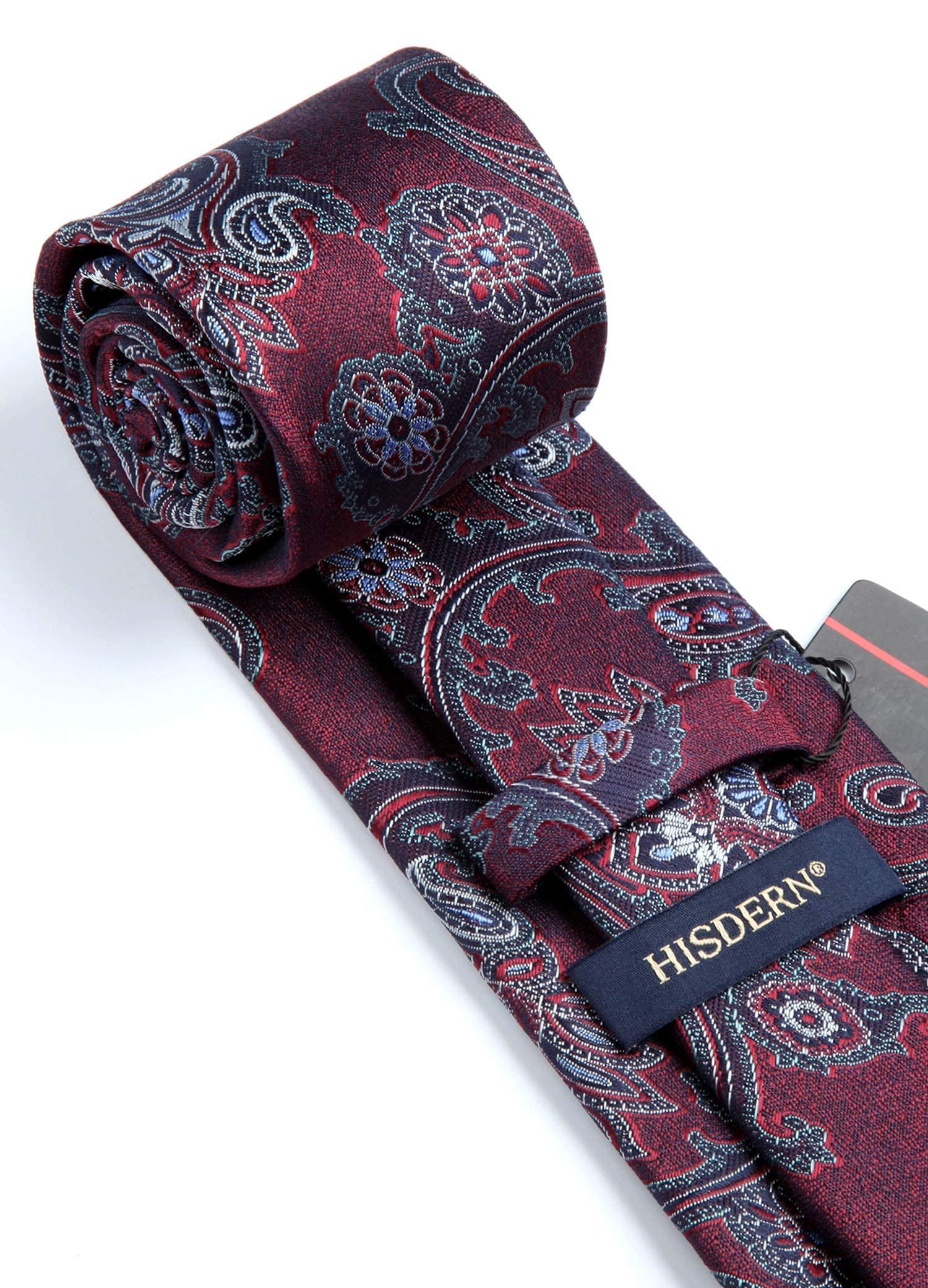 HISDERN Men's Tie Burgundy Paisley Tie Wedding Party Ties for Men Handkerchief Necktie & Pocket Square Set for Formal Business