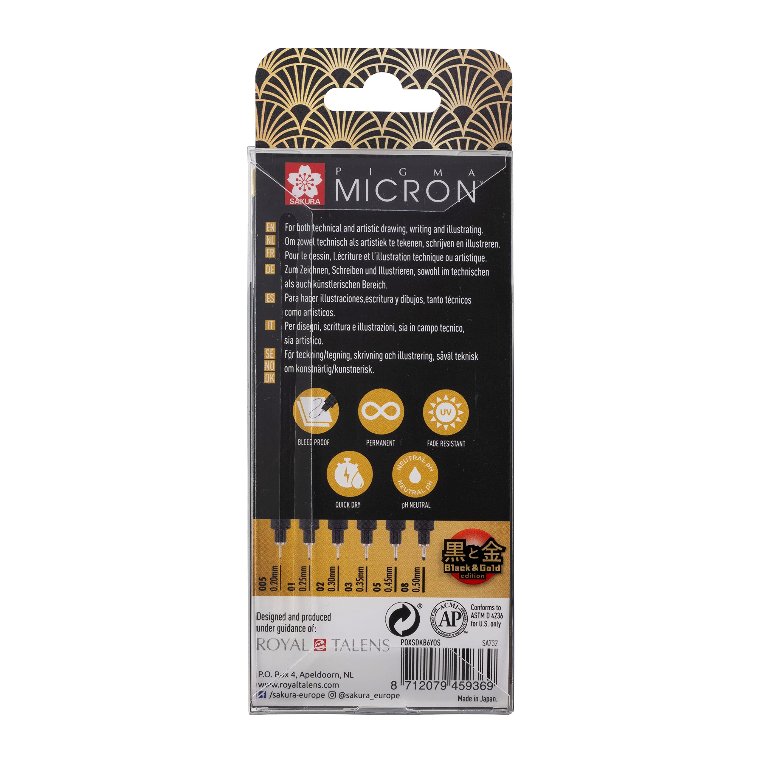 Sakura Pigma Micron Black & Gold Edition fineliner set   6 sizes, black (POXSDKB6YOS)