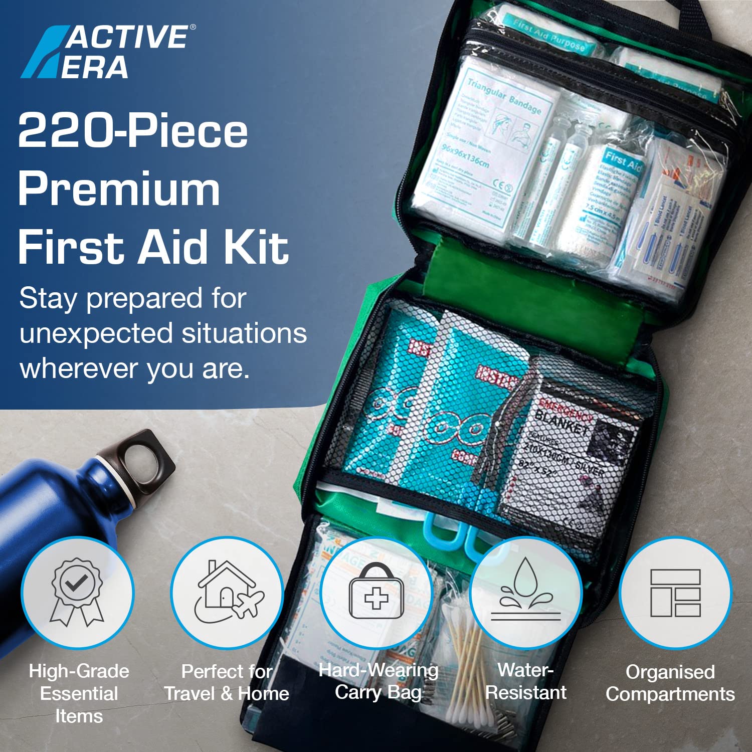 220 Piece Premium First Aid Kit Bag - Includes Eyewash, 2 x Cold (Ice) Packs and Emergency Blanket for Home, Office, Car, Caravan, Workplace, Travel and Sports (Red)