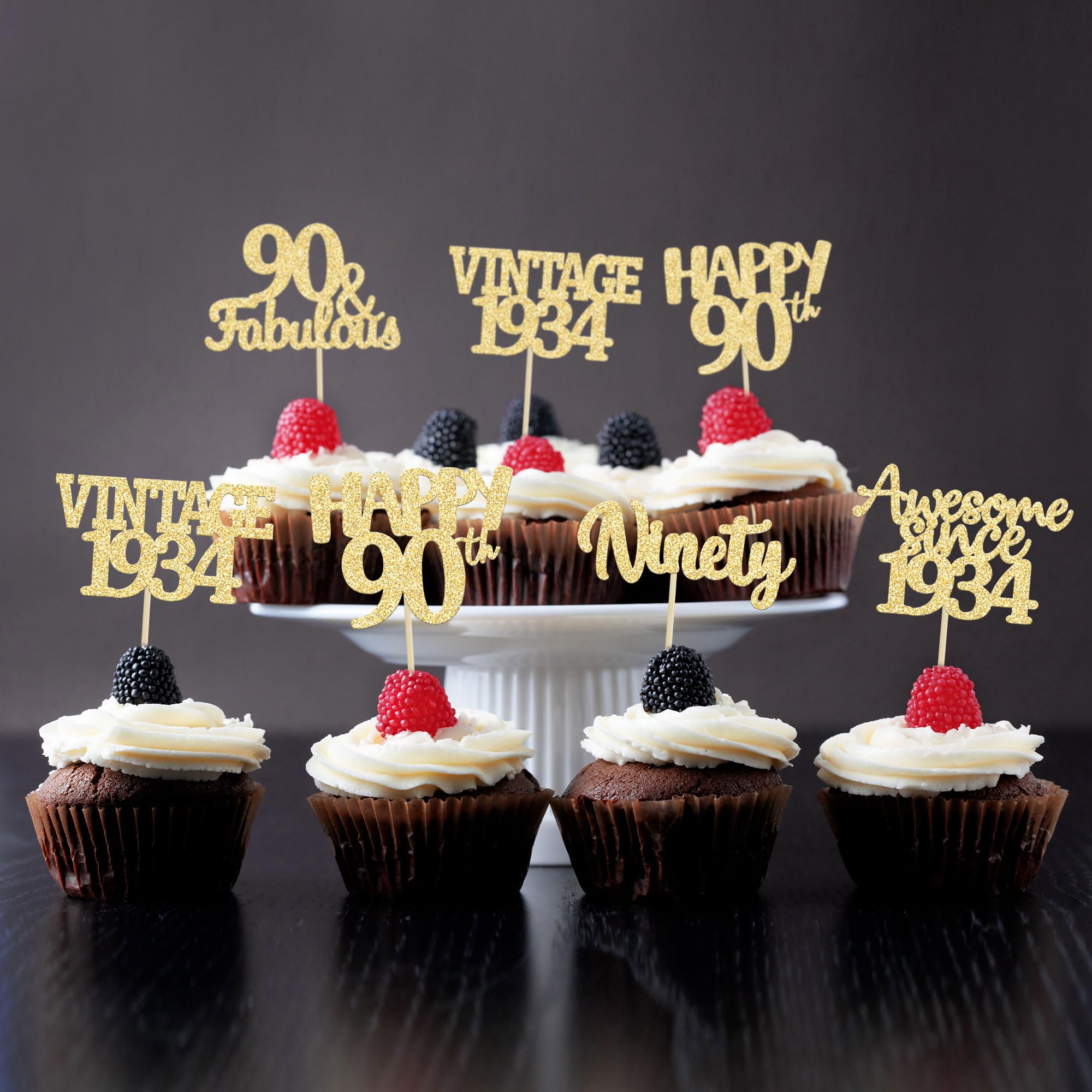 Gyufise 30 Pack Gold Glitter 90th Birthday Cupcake Toppers Vintage 1934 Awesome Since 1934 Hello 90 Cake Topper Seventy 90 & Fabulous Cupcake Picks 90th Birthday Cake Decorations Supplies
