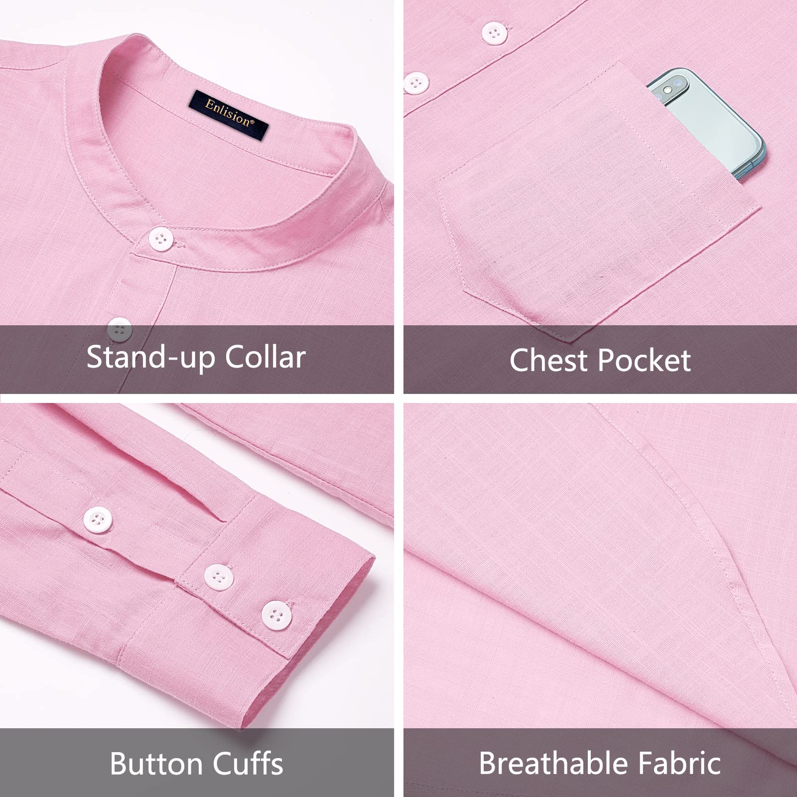 Enlision Mens Pink Cotton Linen Shirts Long Sleeve Shirt Button Down Henley Shirts Lightweight Casual Plain Tops for Men S