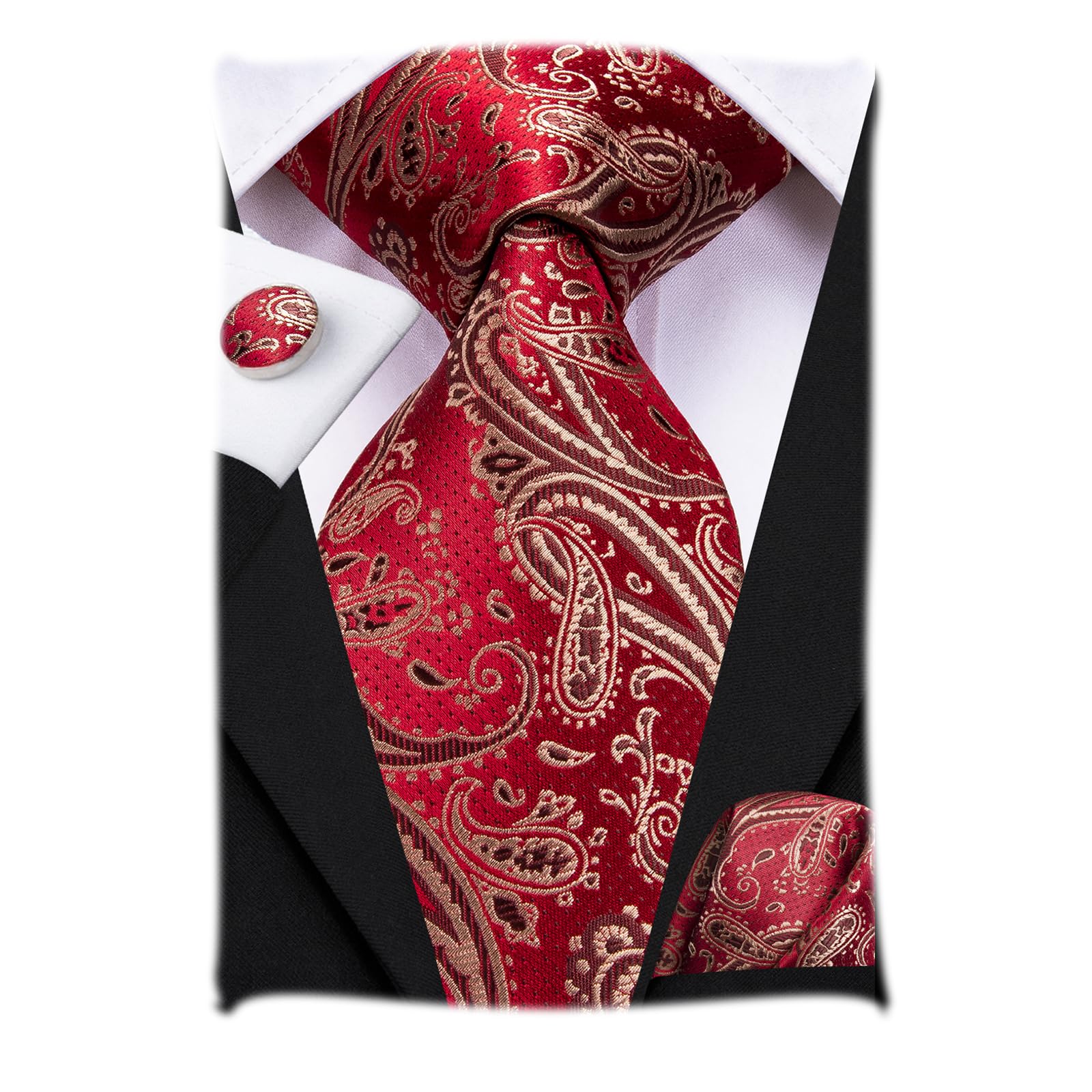 Hi-Tie Gold Red Paisley Men Ties for Wedding Woven Silk Tie Set Pocket Square & Cufflinks Business Party