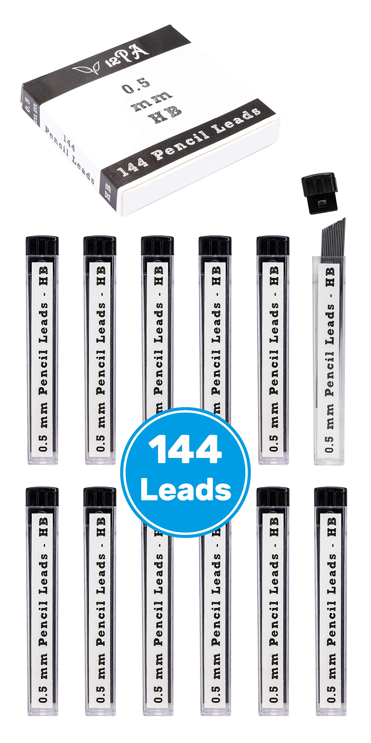 144 x 0.5mm Pencil Lead Refills   HB   12 Tubes containing 12 leads each   Mechanical Pencil Refill Replacement Spare Leads   6cm long   0.5 mm thick and Free Bonus eBook