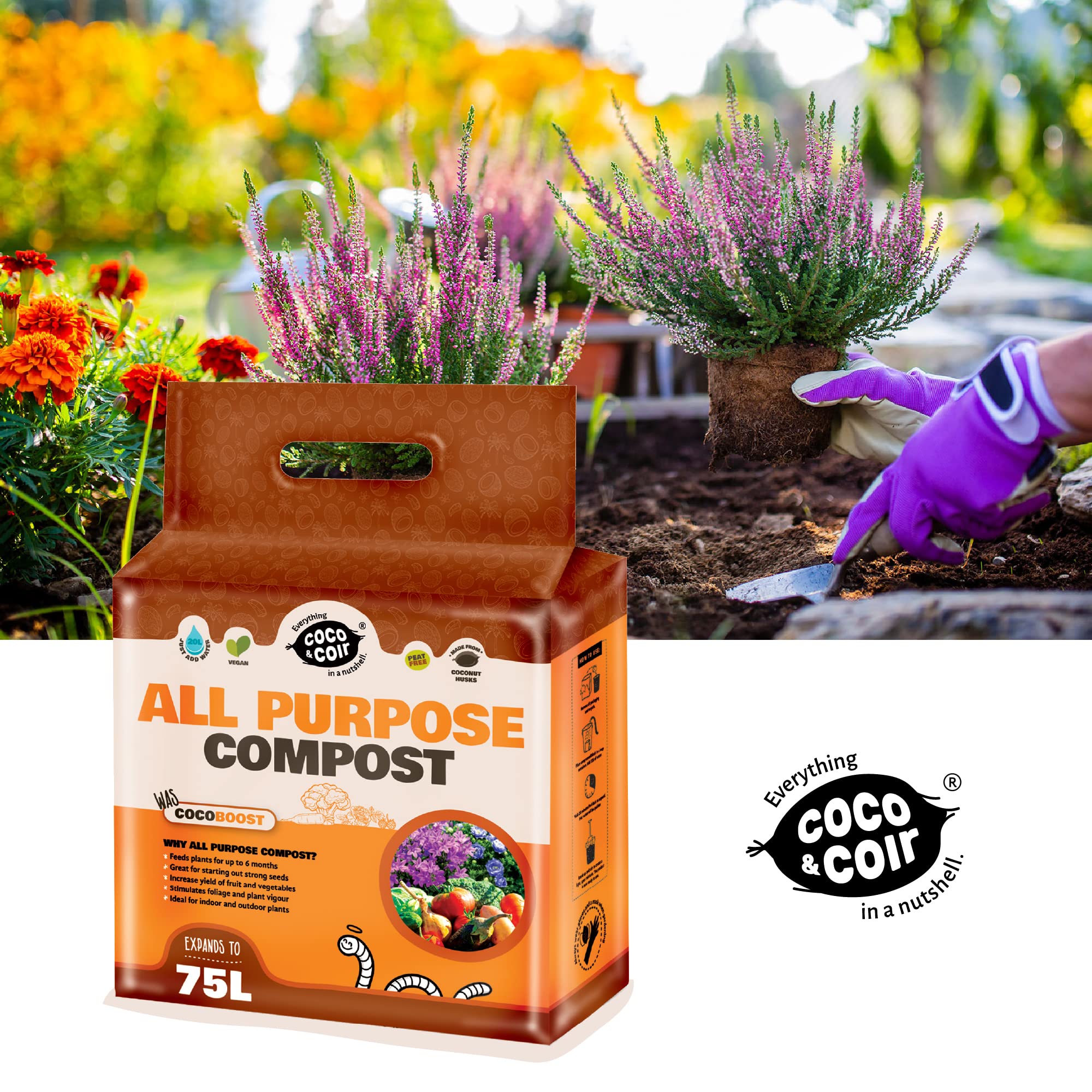 Coco & Coir All Purpose Compost. Peat-free Coco Soil for Plants Indoors. Potting Soil Fertilised with NPK - Coco Boost (75L)