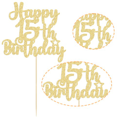 Gyufise 1Pc Happy 15th Birthday Cake Topper Glitter 15 & Fabulous Cheers to 15 Years Old Cake Pick for Celebrating 15th Birthday Anniversary Party Cake Decorations Supplies Gold