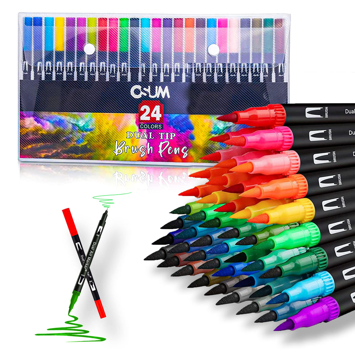 OSUM Colouring Pens wallet of 24   Felt fine tip Pens and Fineliners   Coloured Pens, Dual tip brush pens Art Supllies for Colouring Painting Sketching Highlighting