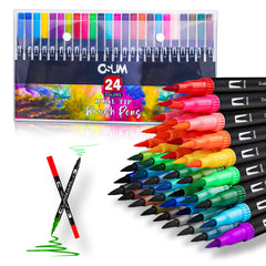 OSUM Colouring Pens wallet of 24   Felt fine tip Pens and Fineliners   Coloured Pens, Dual tip brush pens Art Supllies for Colouring Painting Sketching Highlighting