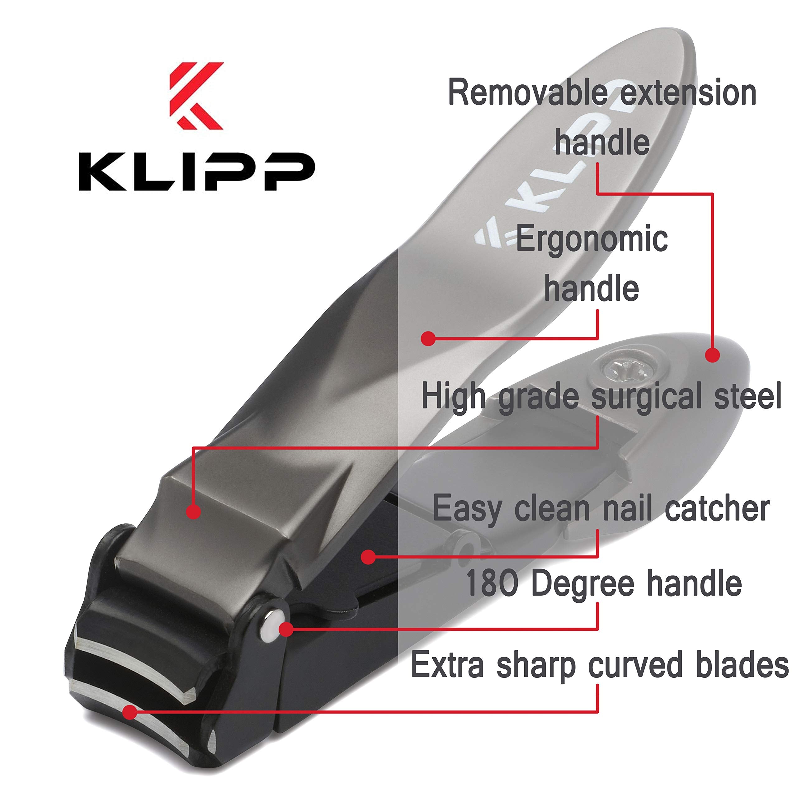 Nail Clippers for Men with Catcher – KLIPP Razor-Sharp Heavy Duty Self-Collecting Nail Cutters with Ergonomic Lever Keep Fingernails and Toenails Impeccably Manicured – Includes Ziplock Pouch