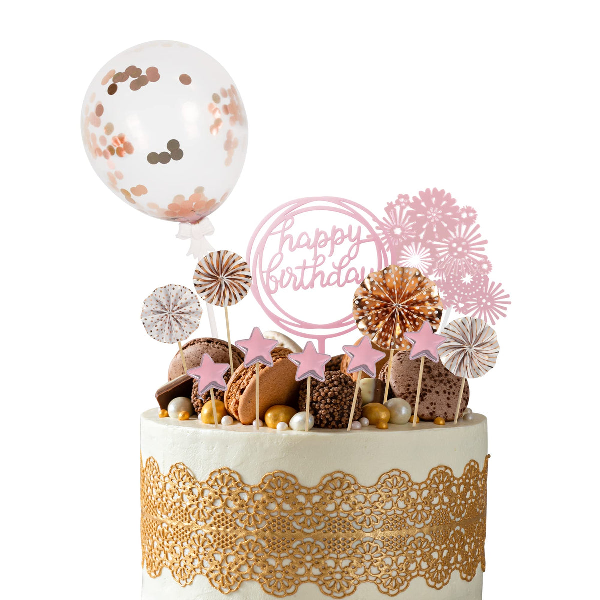 Beaface 13 PCS Birthday Cake Toppers Set, Rose Gold Cake Decorations Happy Birthday Cake Topper, Sequins Balloon Paper Fans Stars Acrylic Cake Toppers for Birthday Party Cake Decor (Rose Gold)