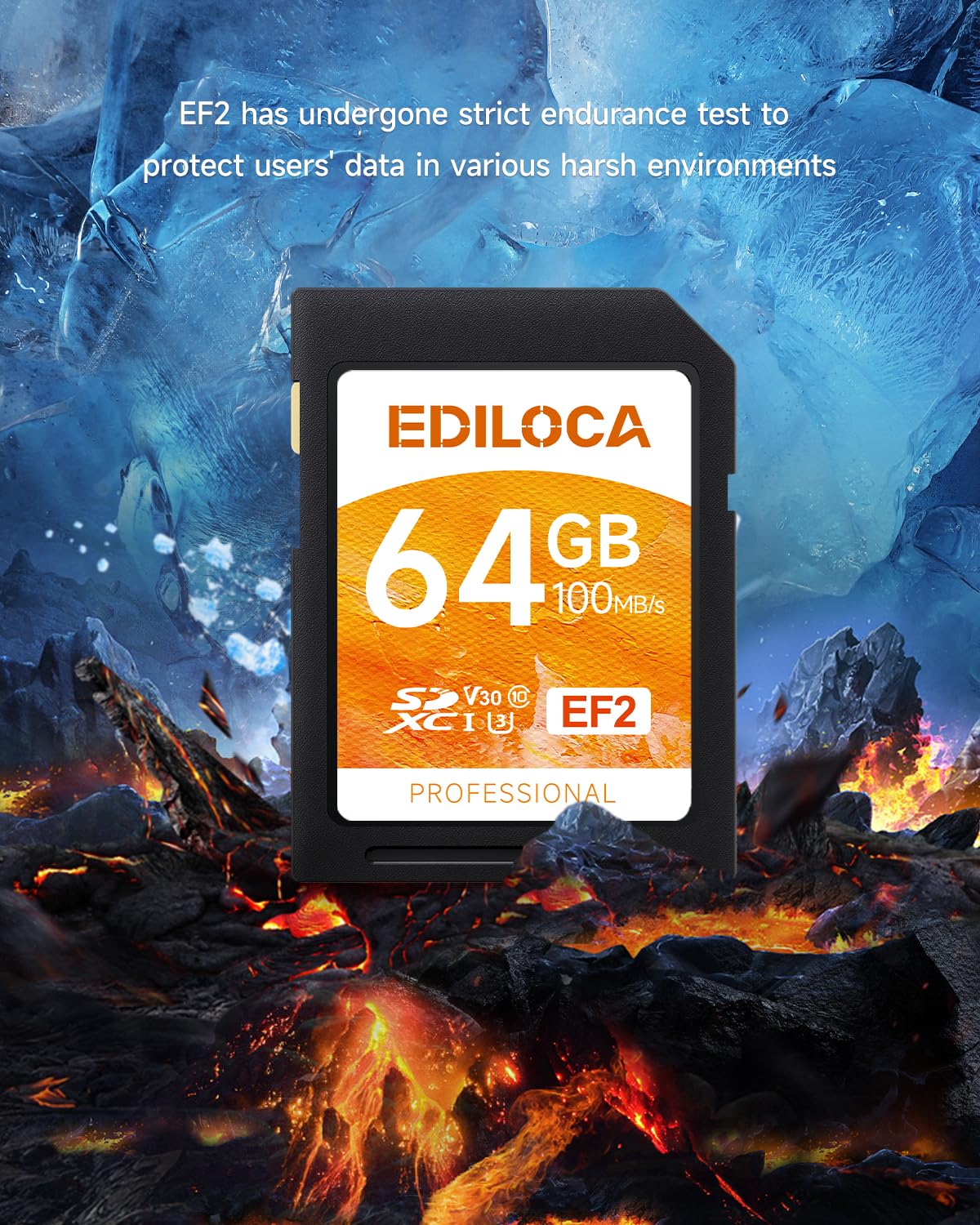 Ediloca SD Card 64GB, Memory Card, Up to 100MB/s, UHS-I, C10, U3, V30, Full-HD & 4K Video, Camera SD Card, Must-Have for Professional Photographers(EF2)