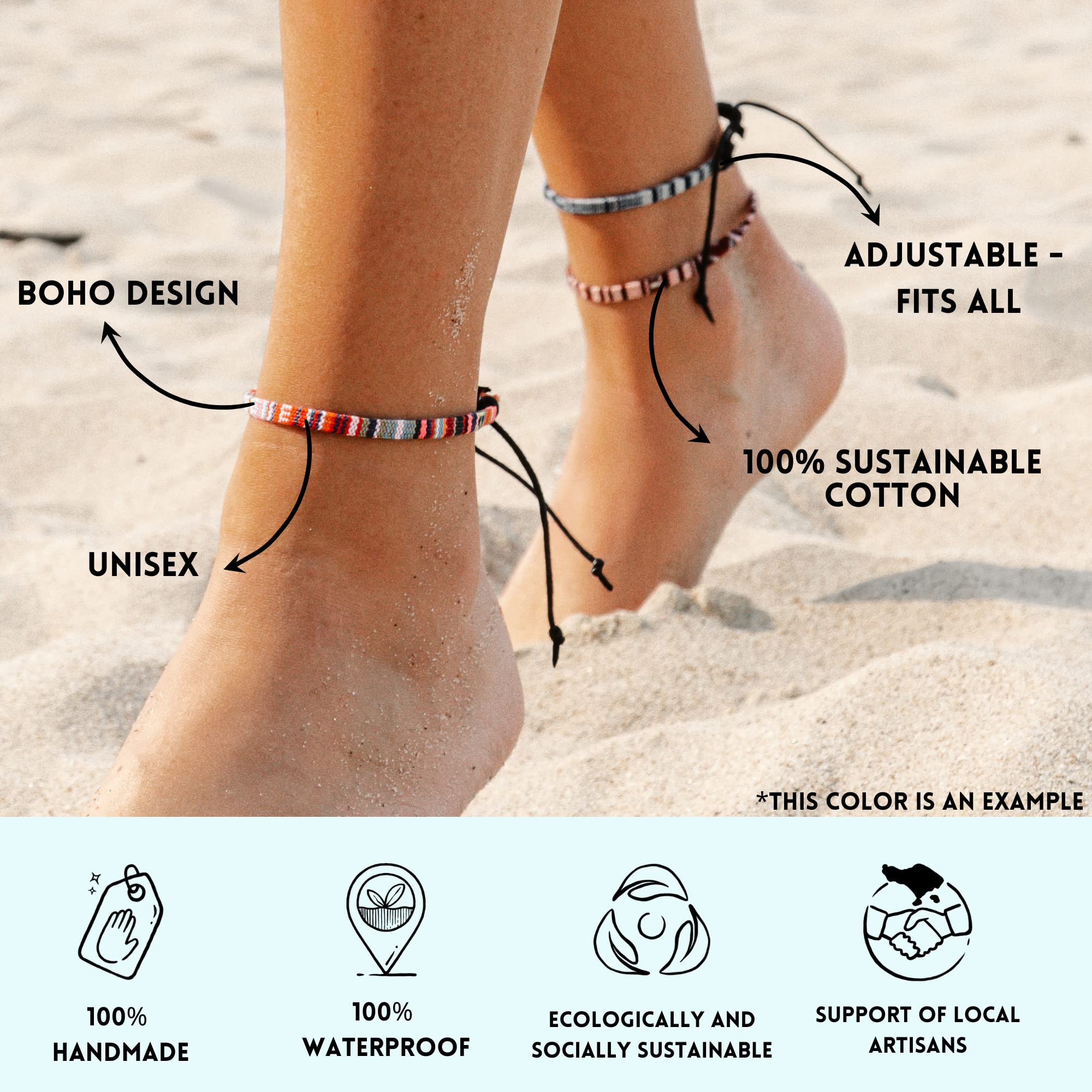 Boho Surfer Anklet Unisex - Ethnic Anklet Women & Men - Handmade Beach Jewellery & Festival Accessories - Waterproof & Adjustable - Flat Shape - U (Multi)