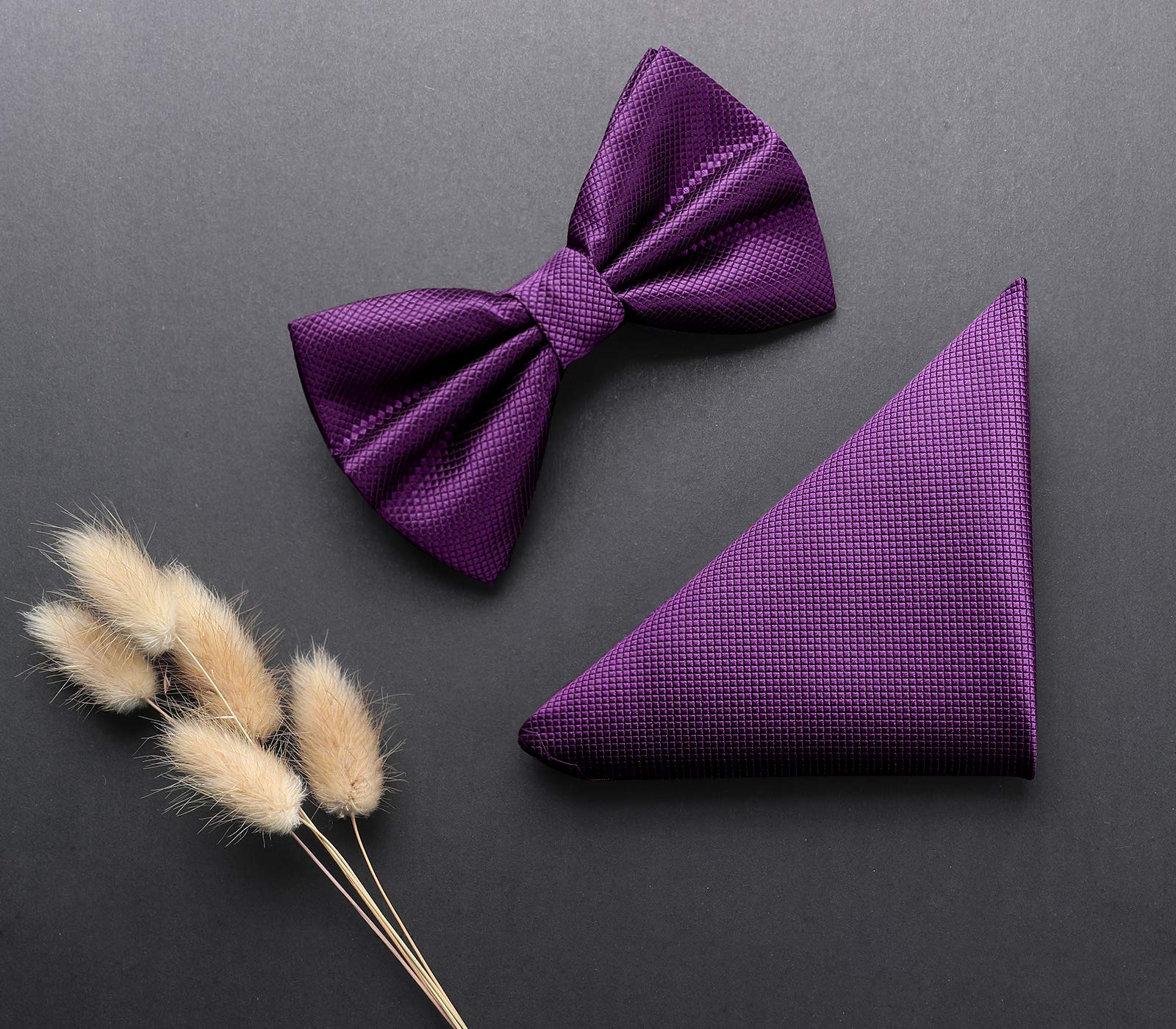 HISDERN Dark Purple Bow Ties Men Pre-tied Bow Tie and Pocket Square Set Formal Solid Color Bowtie and Handkerchief for Wedding Party Banquet