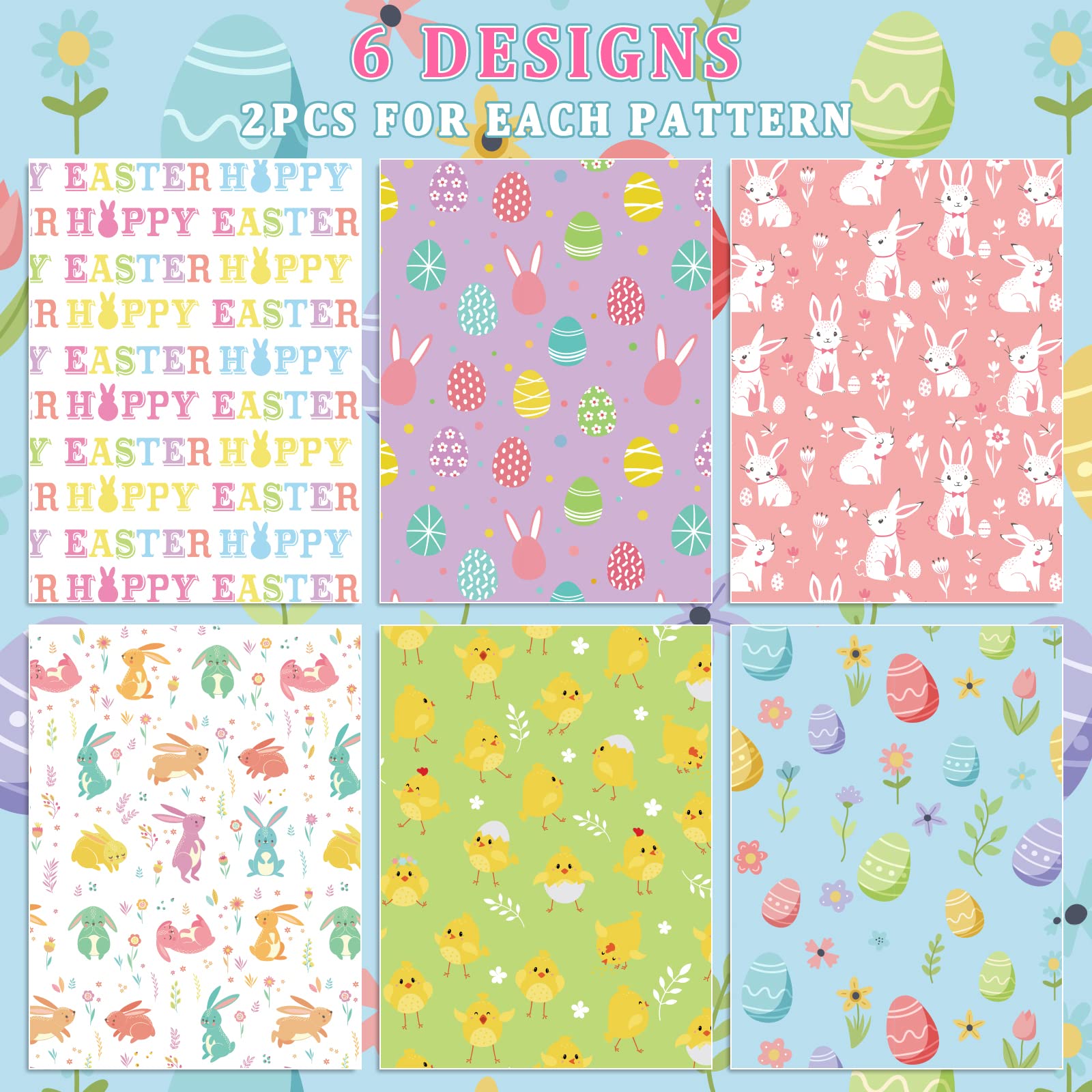 Whaline 12 Sheet Easter Wrapping Paper 6 Designs Easter Egg Bunny Rabbit Wrapping Paper Watercolor Cartoon Art Paper for Spring Holiday Birthday Baby Shower Party Gift Wrap DIY Craft, 19.7 x 27.6 in