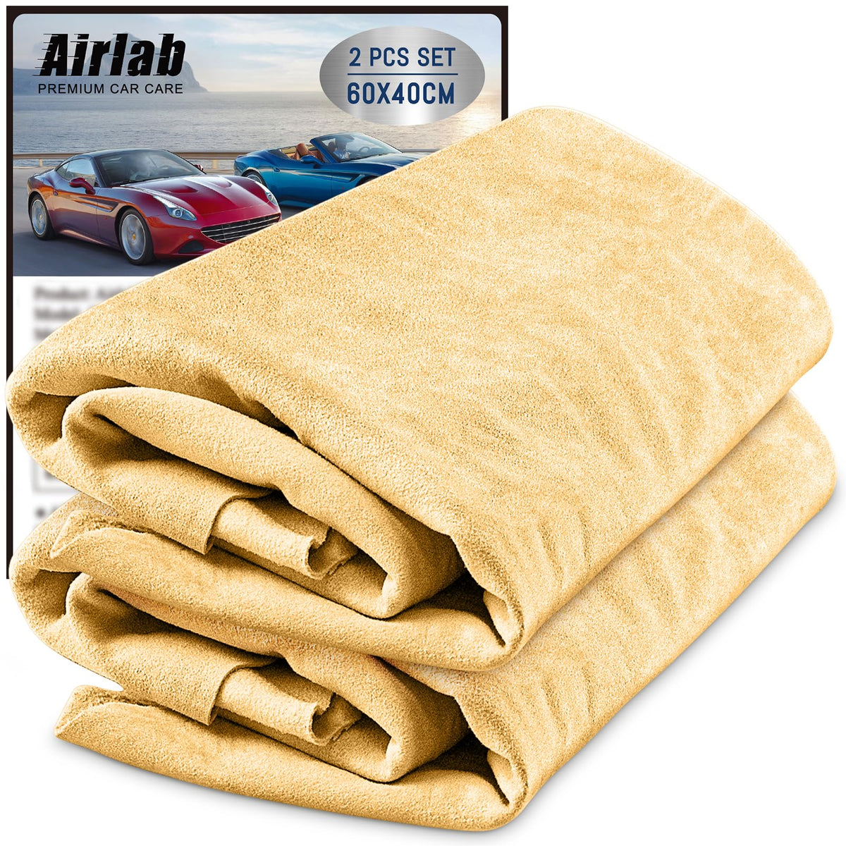 Airlab 2 Pcs Chamois Leathers for Car 60x40 cm, Large Shammy Cloth Absorbent Car Drying Towel Natural Leather Lint Free Streak Free for Auto Detailing, Glasses, Mirrors, Windows and Kitchen