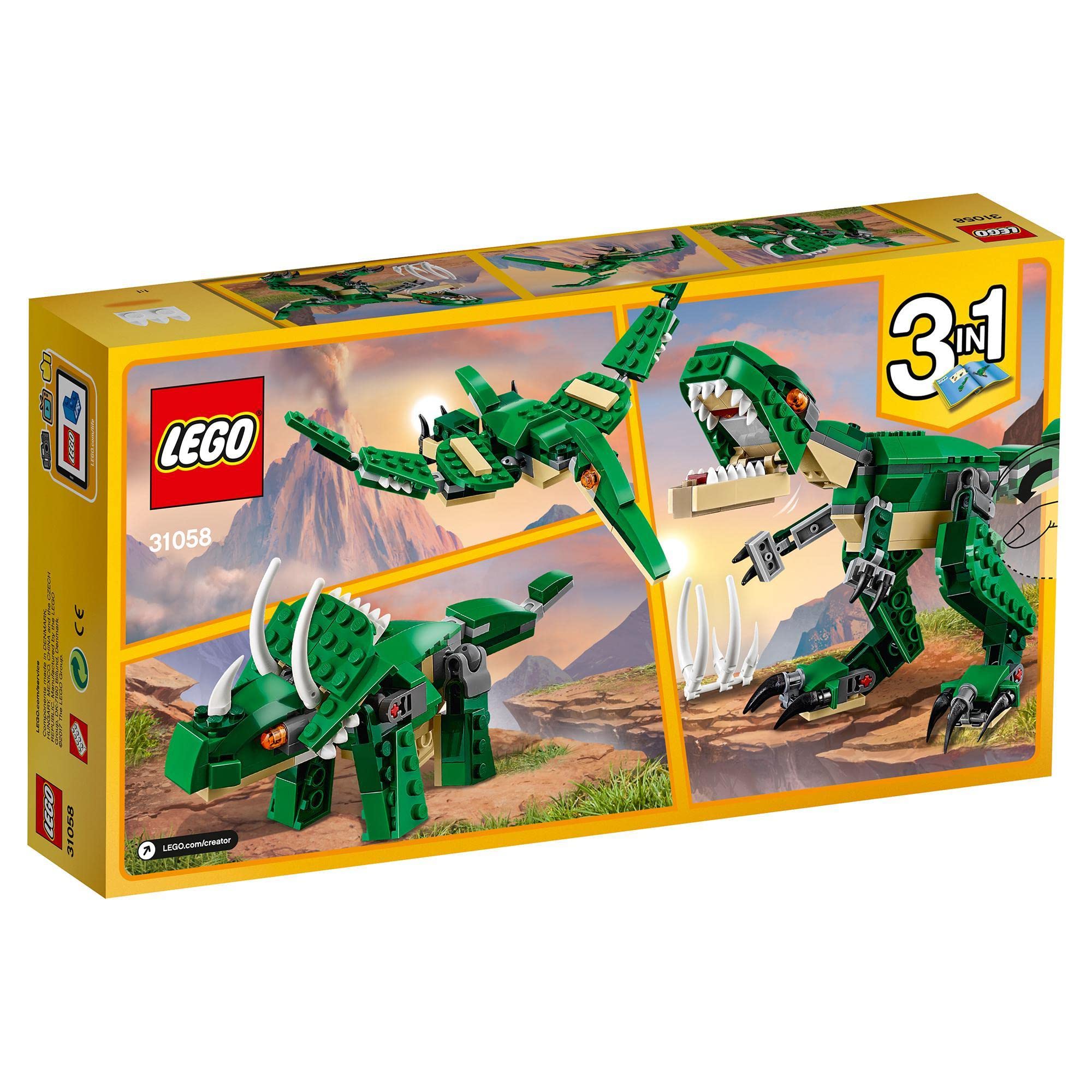 LEGO 31058 Creator Mighty Dinosaurs Toy, 3 in 1 Model, T. rex, Triceratops and Pterodactyl Dinosaur Figures, Gifts for 7-12 Year Old kids, Boys & Girls