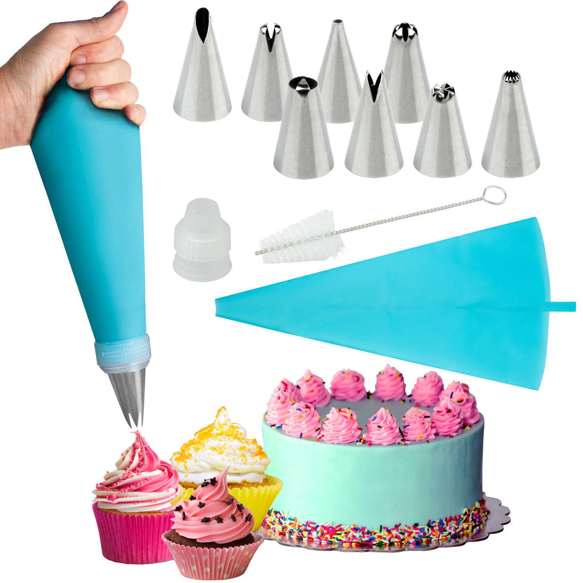 Silicone Piping Bags, 8 pcs Stainless Steel Nozzles Set with Coupler, 30cmx17cm-1 Reusable Icing Piping Bag with Cleaning Brush for Decorating Cakes, Pastries & Cupcakes (Pack of 11)