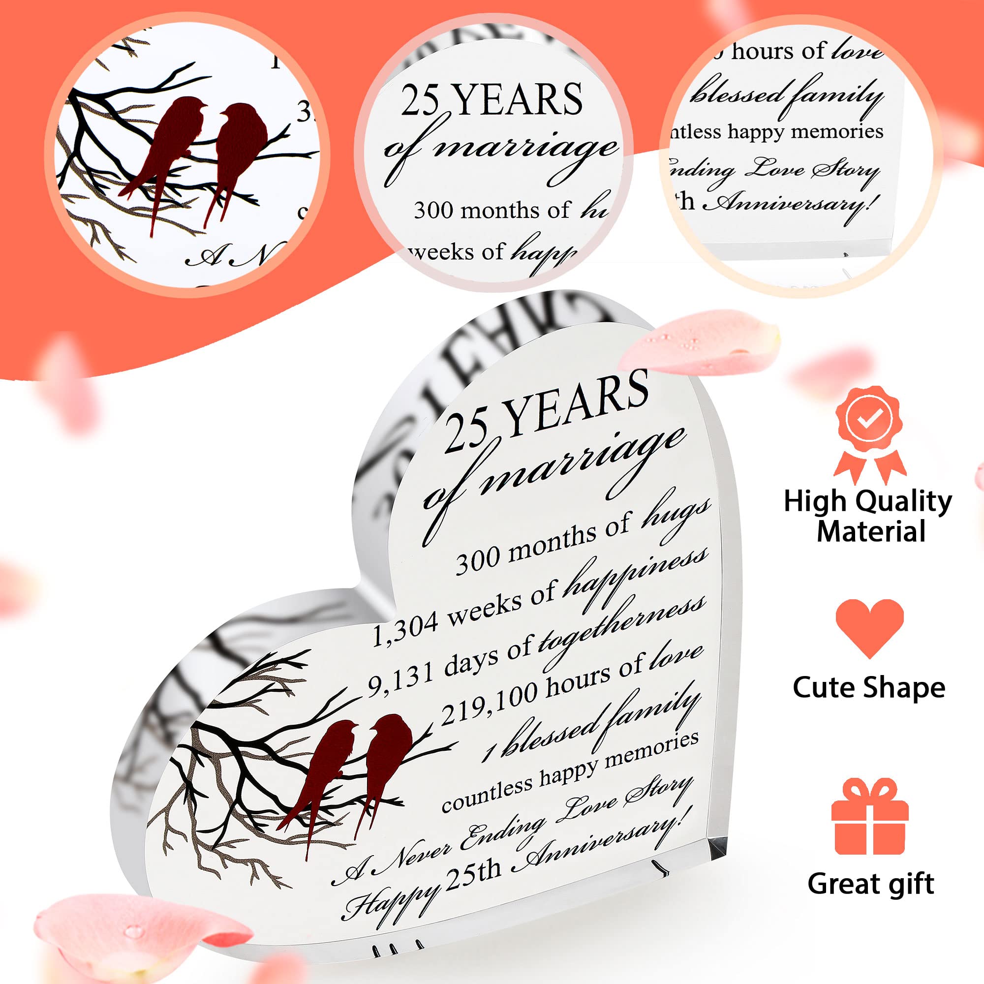 VELENTI 25th Wedding Anniversary Present for Him and Her - Silver Anniversary Present for Couple - Unique Acrylic Heart-Shaped Keepsake for 25 Anniversary