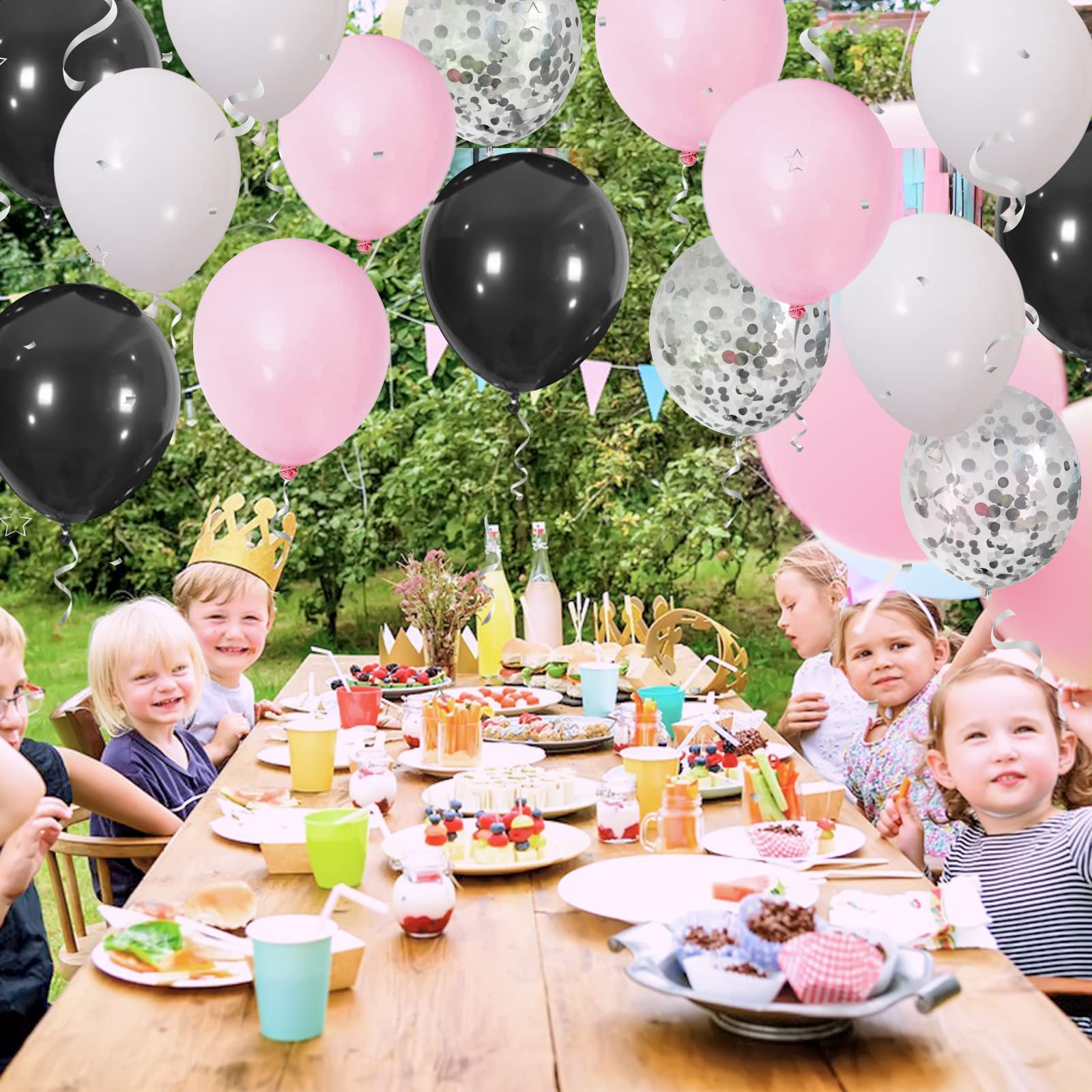 Bealif Pink Black Balloons, 30 Pcs 12 Inch Latex Balloons with Silver Confetti Balloons Pink and Black Theme Party Decorations for Birthday Party Wedding Anniversary Festival Carnival Baby Shower