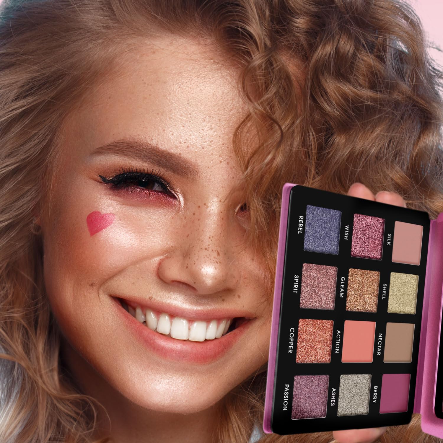 Lamora Pink Eyeshadow Palette Makeup - 12 Highly Pigmented Shimmer and Matte Shades - Travel Size with Mirror - Vegan & Cruelty Free