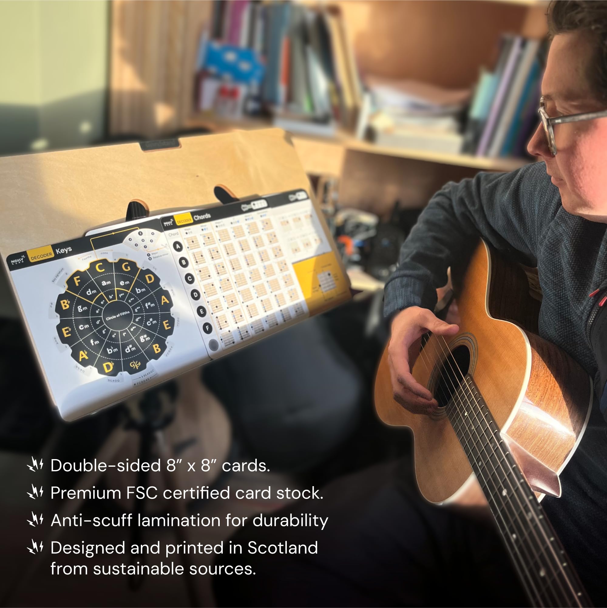 Guitar Chord Chart Cheat Sheets - Guitar Chords, Guitar Scales, Guitar Triads, Keys, Circle of Fifths! Guitar Theory MADE EASY. 8 inches x 8 inches Laminated Card Chord Charts and Chord Formula Folder.