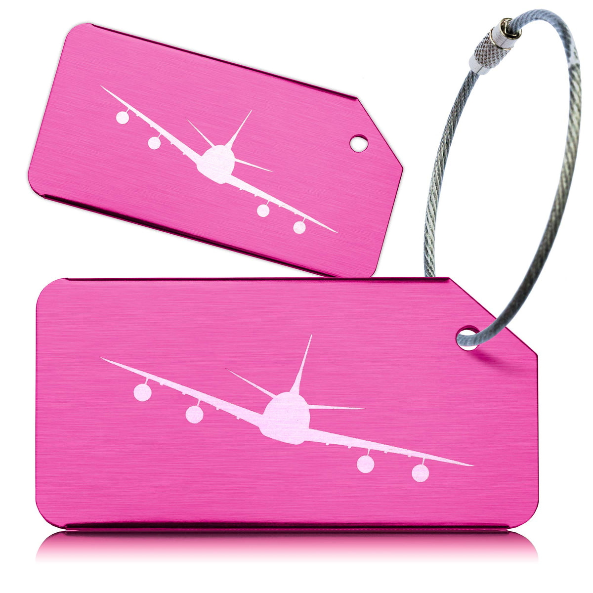 Pack of 2 Pink Strong Aluminium Luggage Tags, Secure, Easy to Spot, Privacy, Variety of Colours, Strong Steel Cable