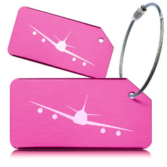 Pack of 2 Pink Strong Aluminium Luggage Tags, Secure, Easy to Spot, Privacy, Variety of Colours, Strong Steel Cable