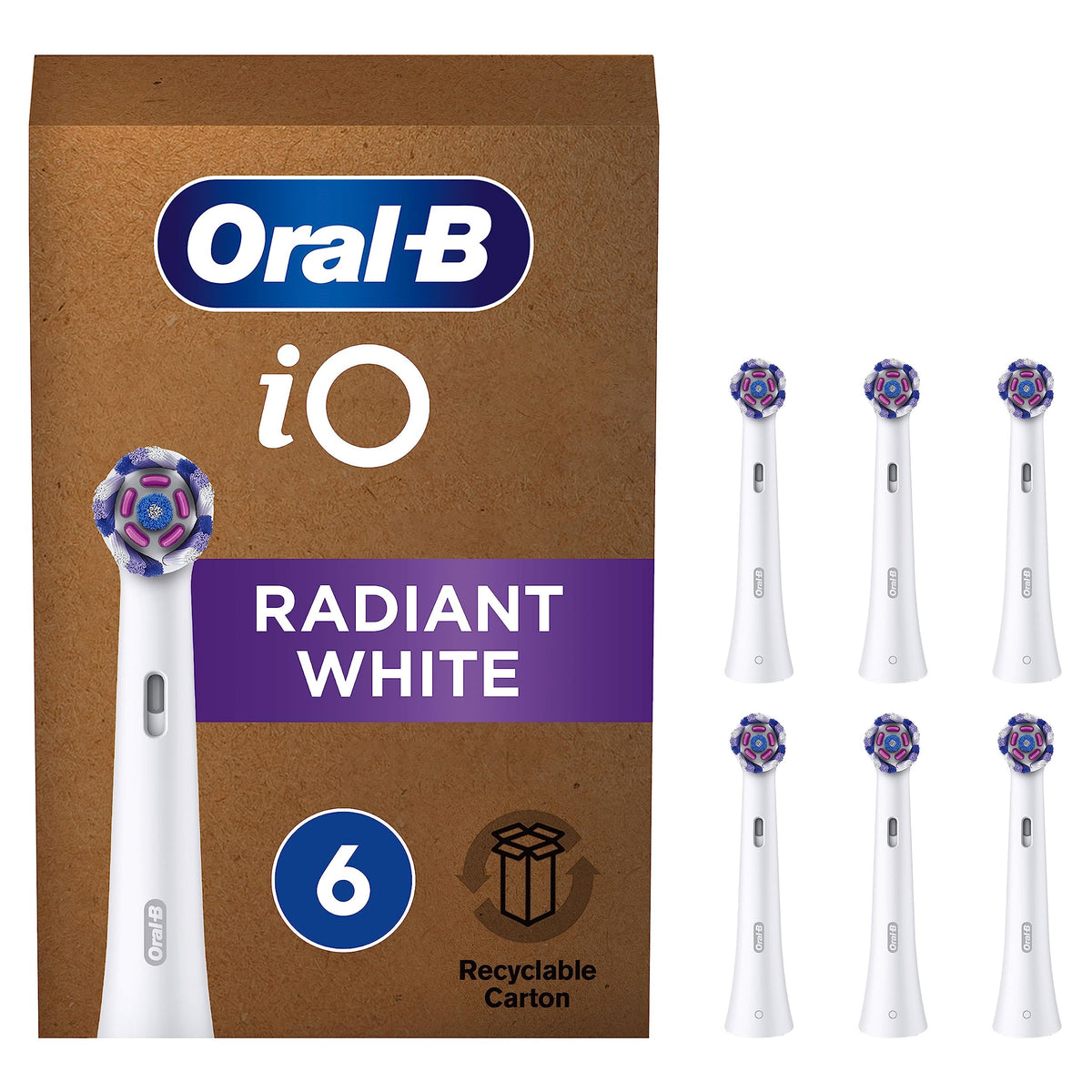 Oral-B iO Radiant White Electric Toothbrush Head, Angled Bristles Deeper Plaque Removal, With Polishing Petals For Teeth Whitening, Pack of 6 Toothbrush Heads, White