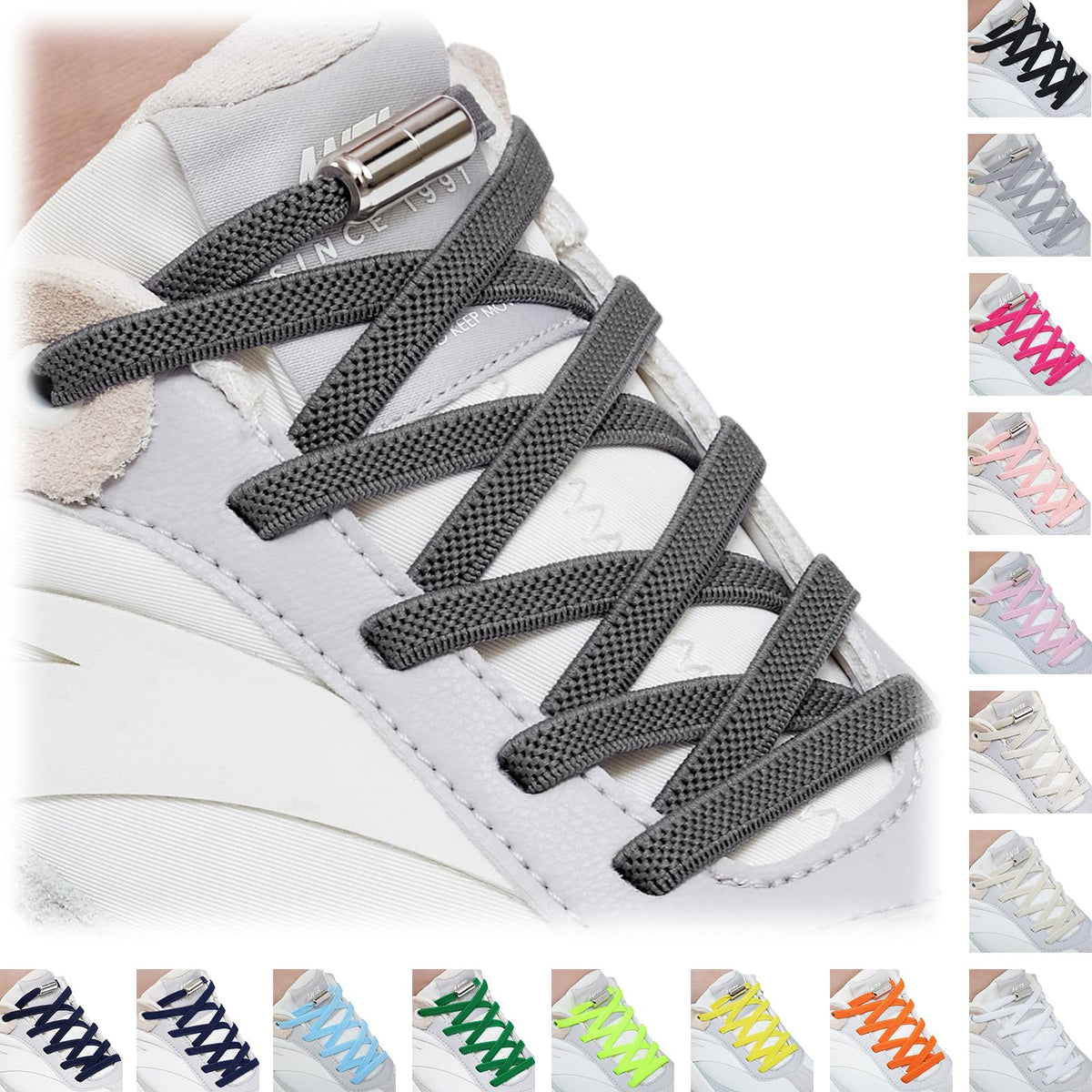 Handshop 2 Pairs Elastic Shoe Laces, No Tie Shoelaces for Adults/Kids Trainers,Sneakers,Running Shoes Deep Grey 120cm