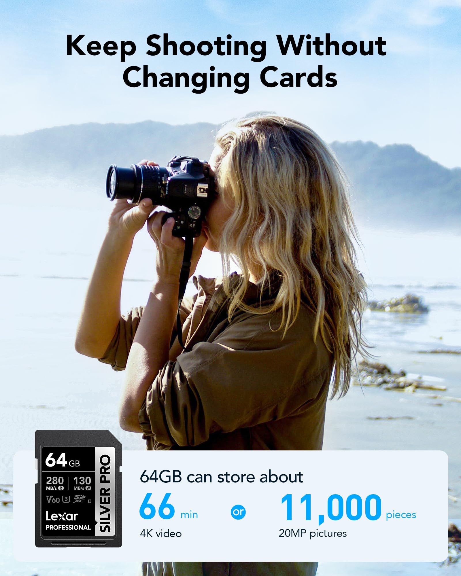 Lexar Silver Pro SD Card 64GB, UHS-II Memory Card, V60, U3, C10, SDXC Card, Up To 280MB/s Read, for Professional Photographer, Videographer, Enthusiast (LSDSIPR064G-BNNAA), Black