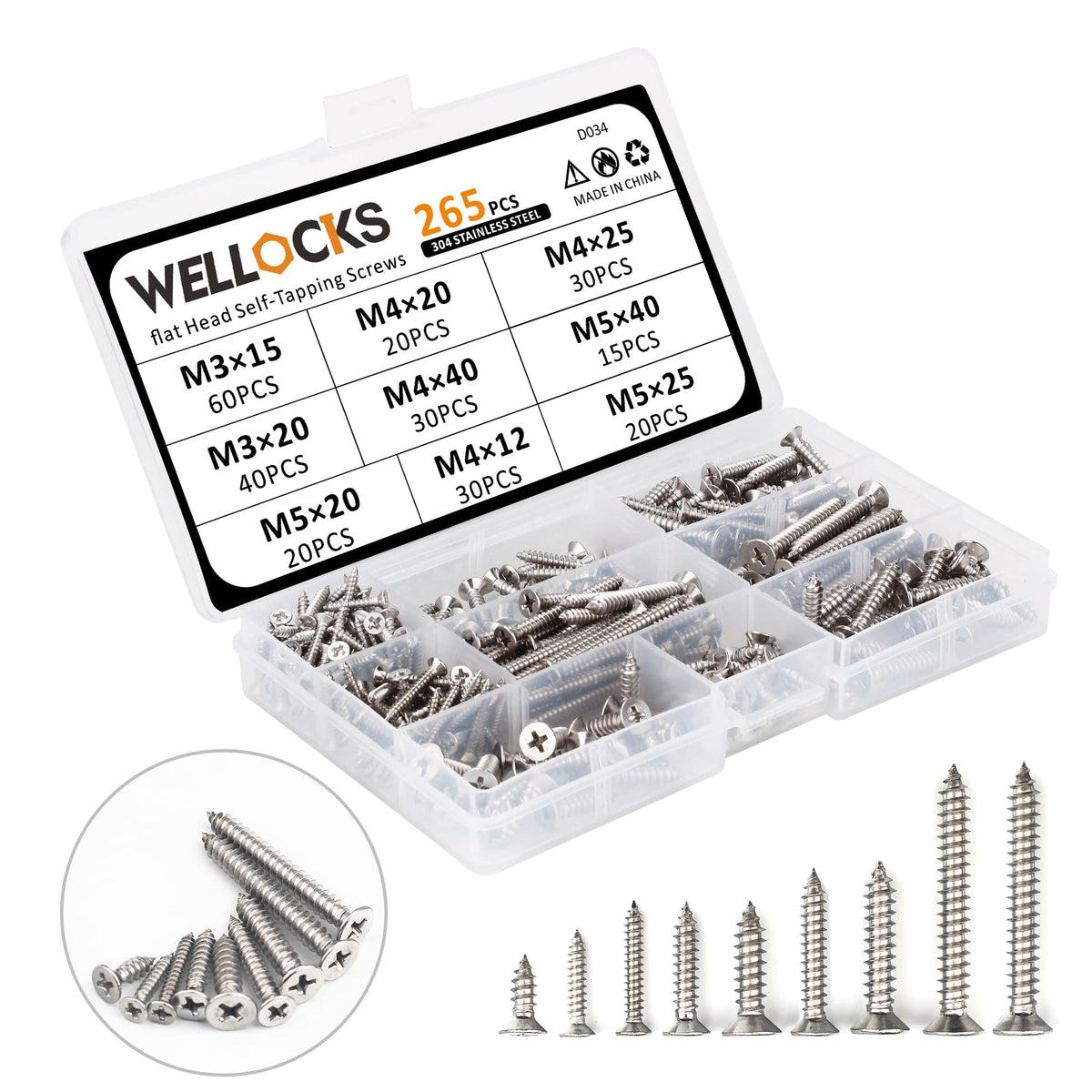 WELLOCKS Assorted Stainless Steel Screws Set 265 PCS M3/M4/M5 Self Tapping Screws Set, Flat Head Rust Proof Wood Screw Kit with Storage Box for Homemade, Repair, Woodwork Indoor Outdoor (D034)