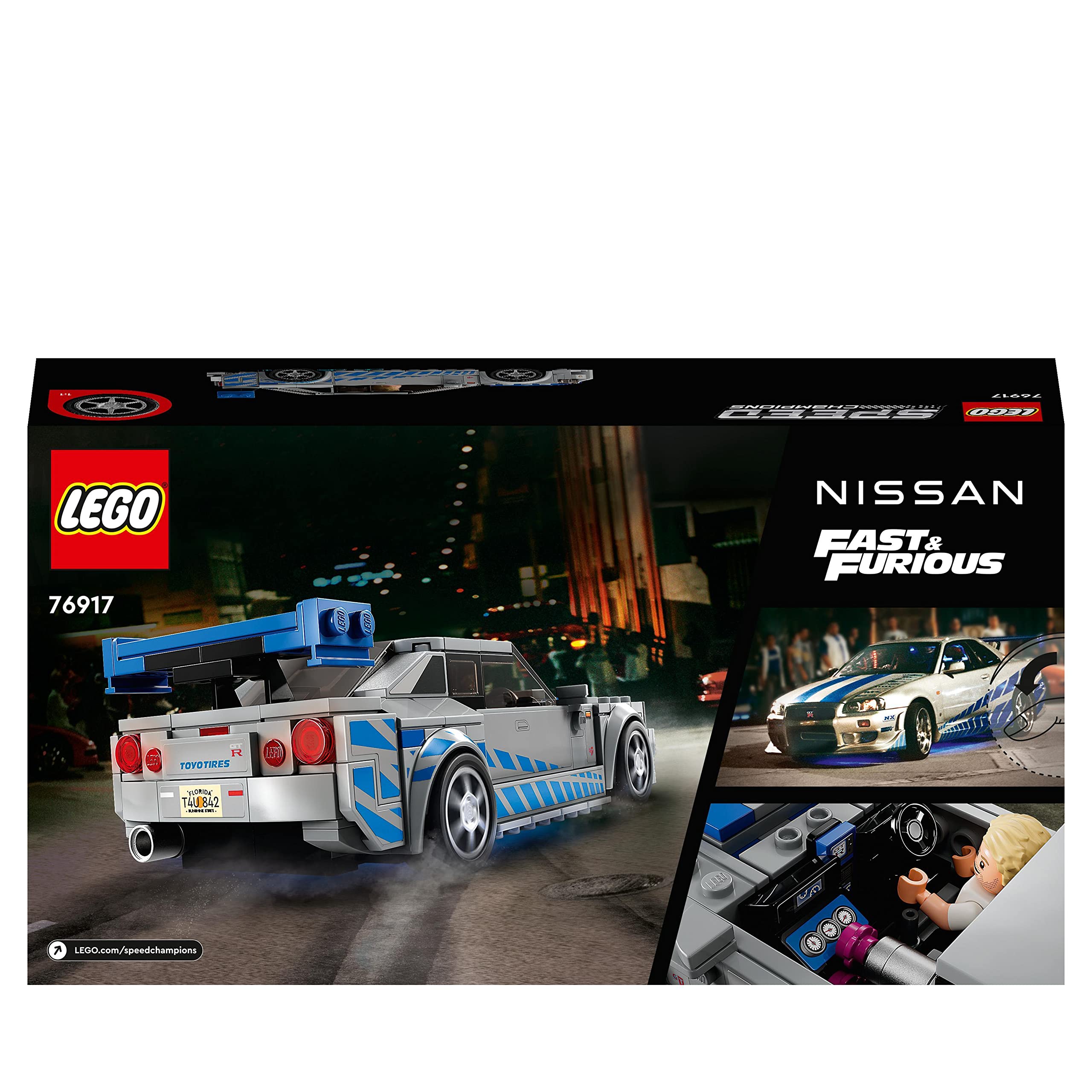 LEGO Speed Champions 2 Fast 2 Furious Nissan Skyline GT-R (R34) Race Car Toy Model Building Kit, Collectible with Racer Minifigure, 2023 Set for Kids 76917