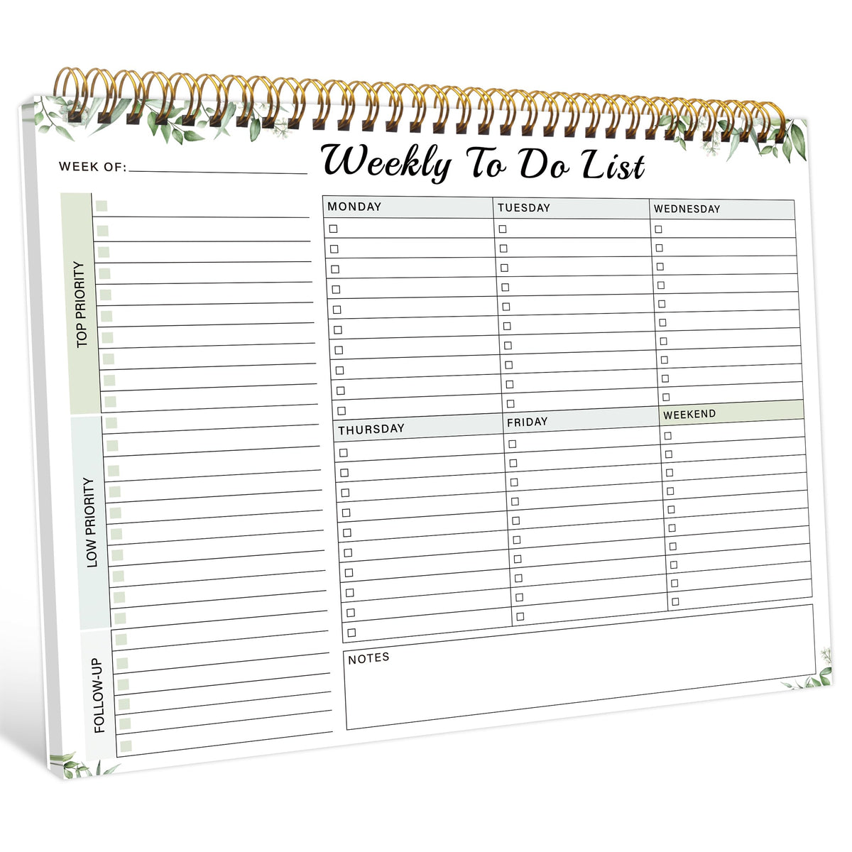 Weekly Planner Pad - Spiral Weekly Planner Undated 52 Page To-Do List Pad, 8.5 inches x 11 inches Weekly Desk Task Planner for Work and Personal Organization- green leaves