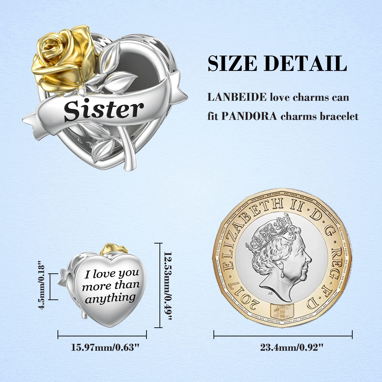 LANBEIDE Sister Charms for Pandora, 925 Sterling Silver Love Heart Beads Charms with Gold Rose for Bracelet Necklace Birthday Gifts for Women