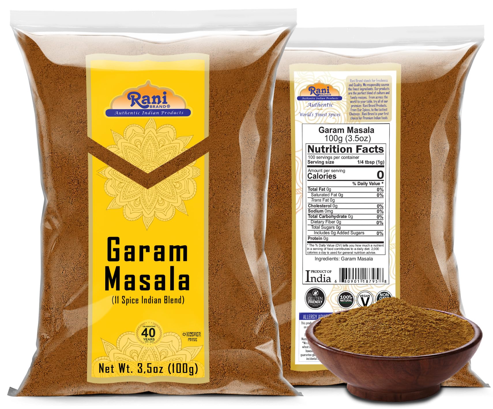 Rani Garam Masala Indian 11 Spice Blend 3.5oz (100g) Salt Free ~ All Natural   Vegan   Gluten Friendly   Non-GMO   Kosher   No Colors   Indian Origin