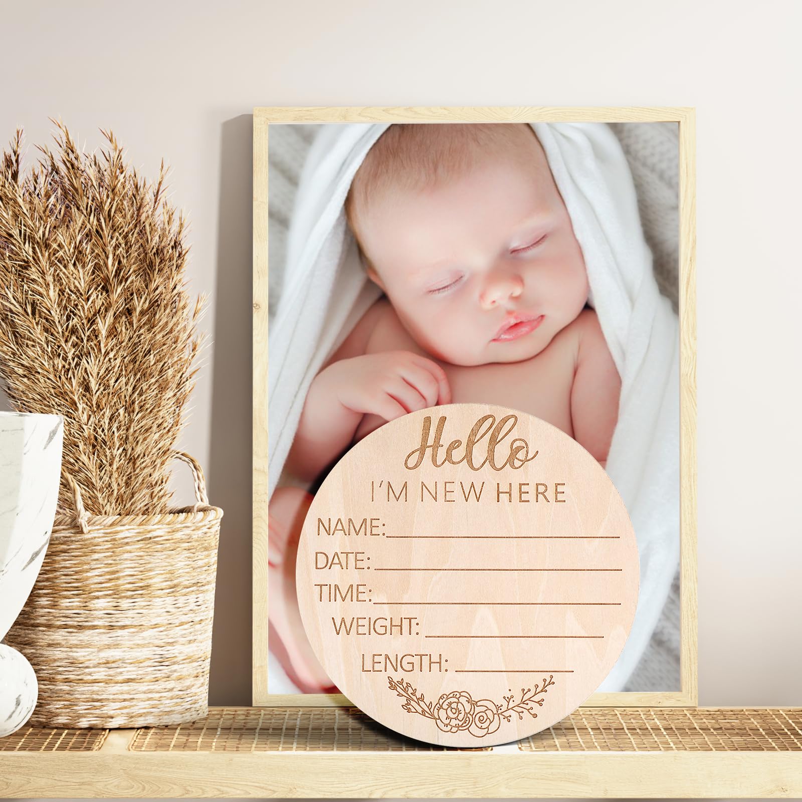 Ouligay Baby Announcement Sign 5.9 Inch Round Wooden Hello World Baby Sign Newborn Welcome Sign Baby Birth Sign Baby Name Sign for Hospital Photo Prop Baby Shower Nursery