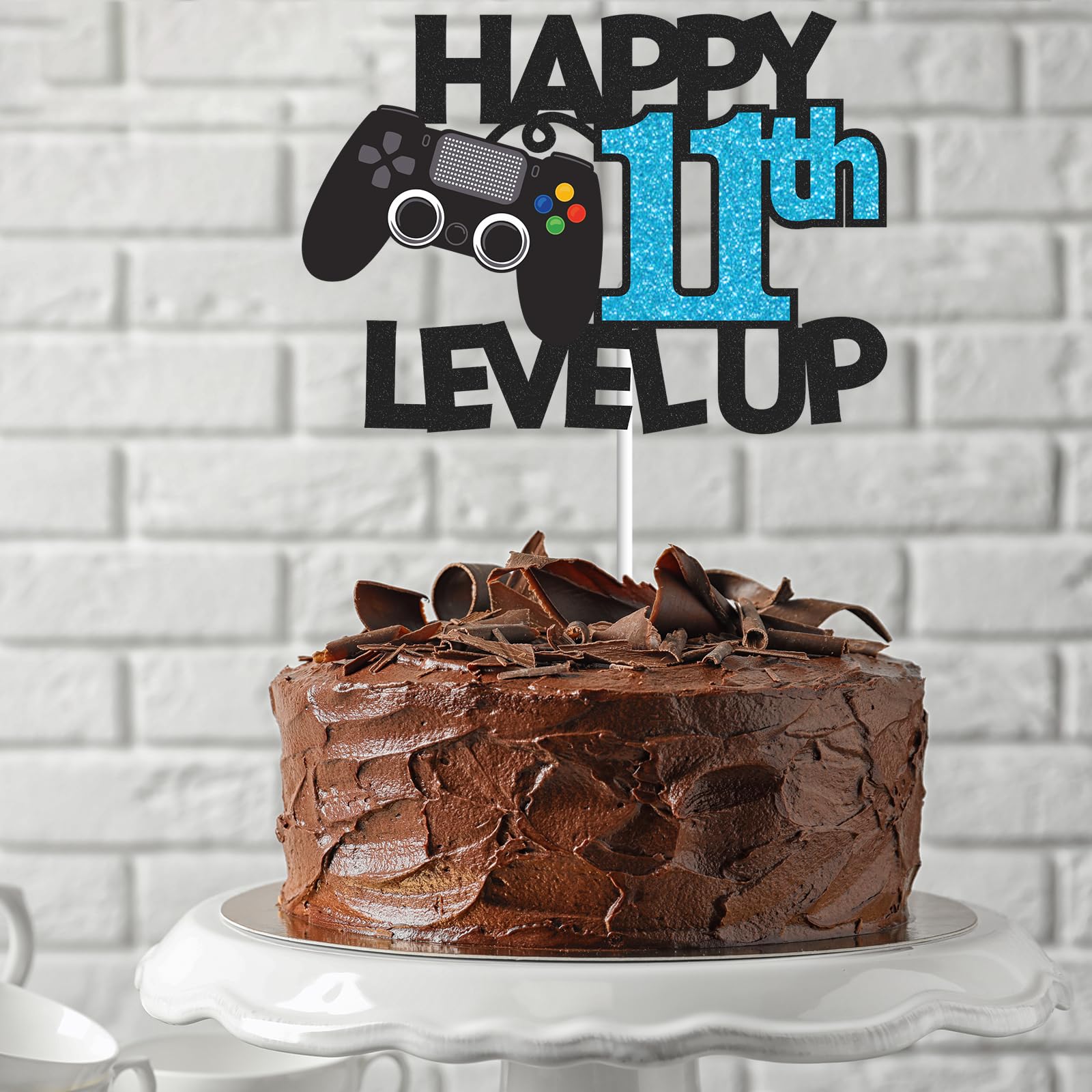 Gidobo 11th Birthday Cake Toppers, Black Glittery Cake Decorations with Controllers Themed, Eleven Years Old Level Up Video Game Birthday Party Supplies for Boys