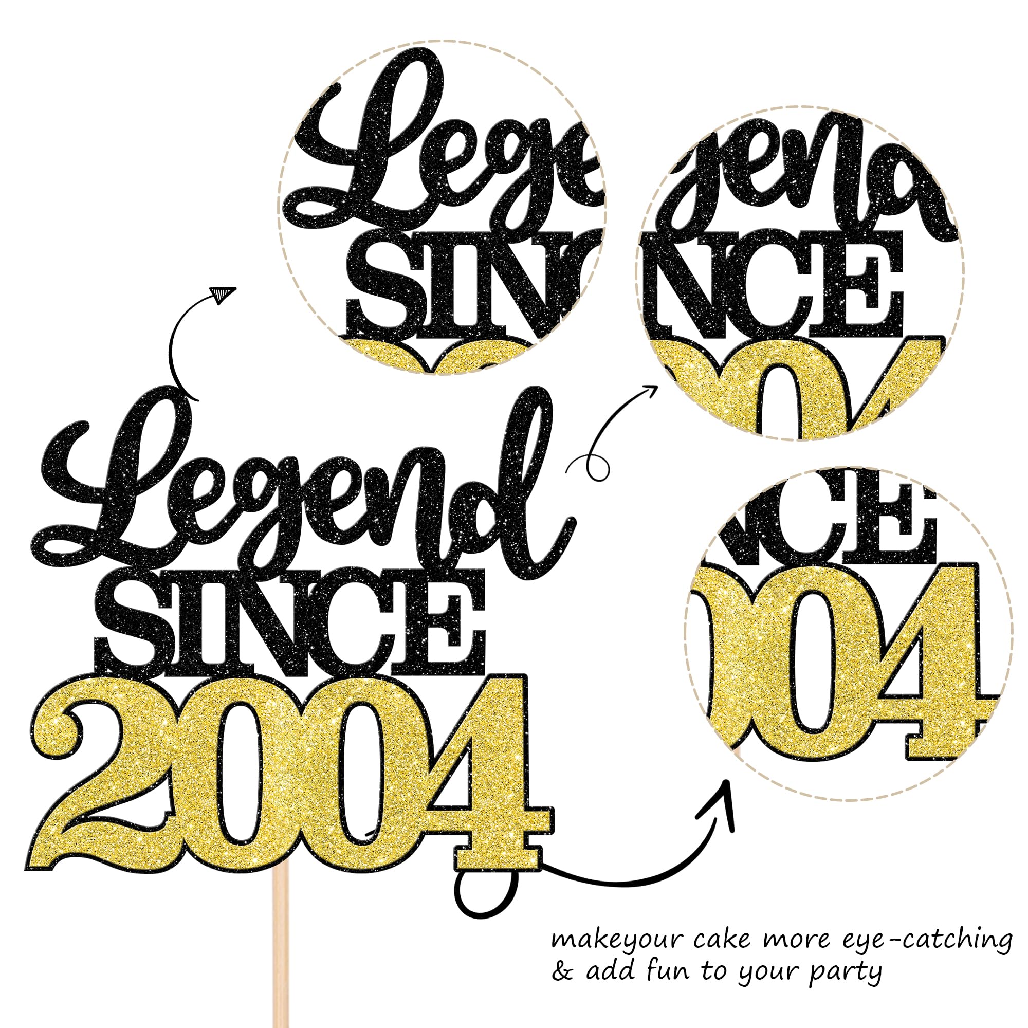 SYKYCTCY 1 Pack Legend Since 2004 Cake Topper Glitter Happy 20th Birthday Cake Pick 20 Fabulous Cake Decorations for Cheers to 20th Birthday Wedding Anniversary Party Supplies