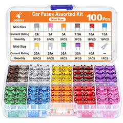 JOREST 100Pcs Car Fuse Kit - Mini Blade Fuses Automotive and 1 Auto Fuse Puller - 11 Specifications Mixed Auto Fuse for Car/Caravan/Truck/Motorhome (2Amp 3A 5A 7.5A 10A 15A 20A 25A 30A 35A 40A)