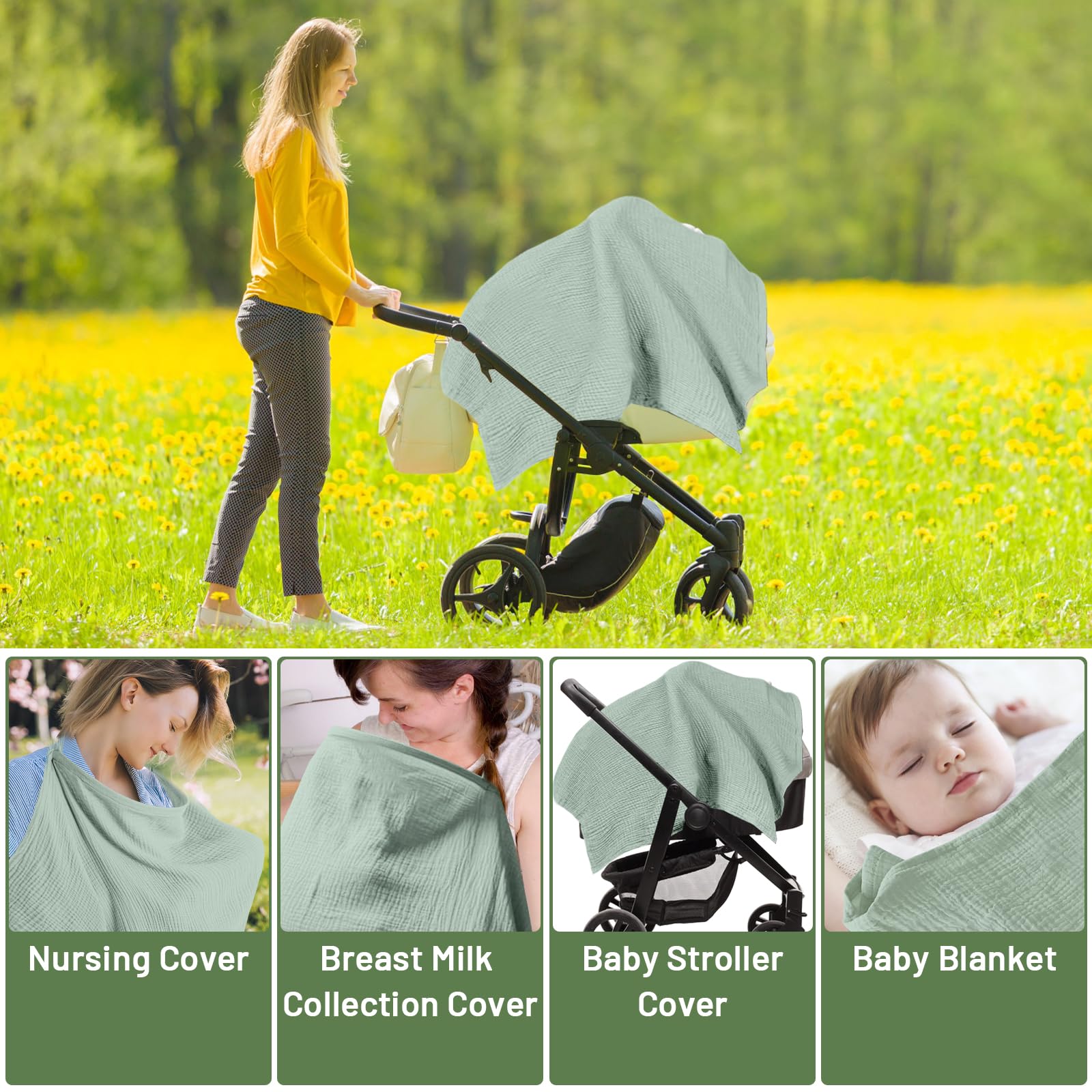 Nursing Cover for Breastfeeding Breathable Cotton Baby Breast Feeding Covers Infant Car Seat Blanket and Stroller Coverall (Light Geen)