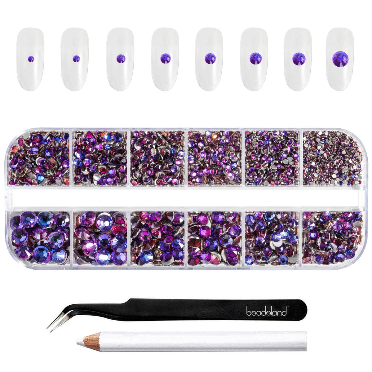 Beadsland Rhinestones for Makeup,8 Sizes 2500pcs Purple Flatback Rhinestones Eye Gems for Nails Crafts with Tweezers and Wax Pencil,Purple Velvet,SS4-SS30