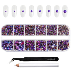 Beadsland Rhinestones for Makeup,8 Sizes 2500pcs Purple Flatback Rhinestones Eye Gems for Nails Crafts with Tweezers and Wax Pencil,Purple Velvet,SS4-SS30