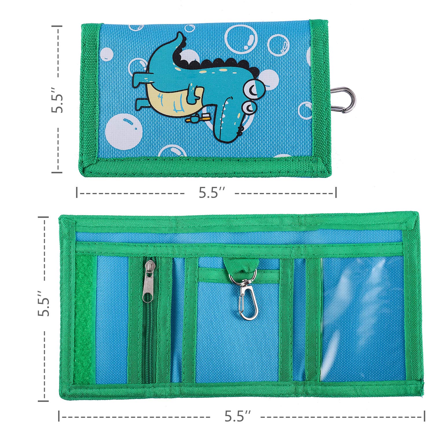 RFID Blocking Wallet for Kids/Slim Cartoon Wallet with Zippered Pocket/Trifold Canvas Outdoor Sports Wallet, Dinosaur