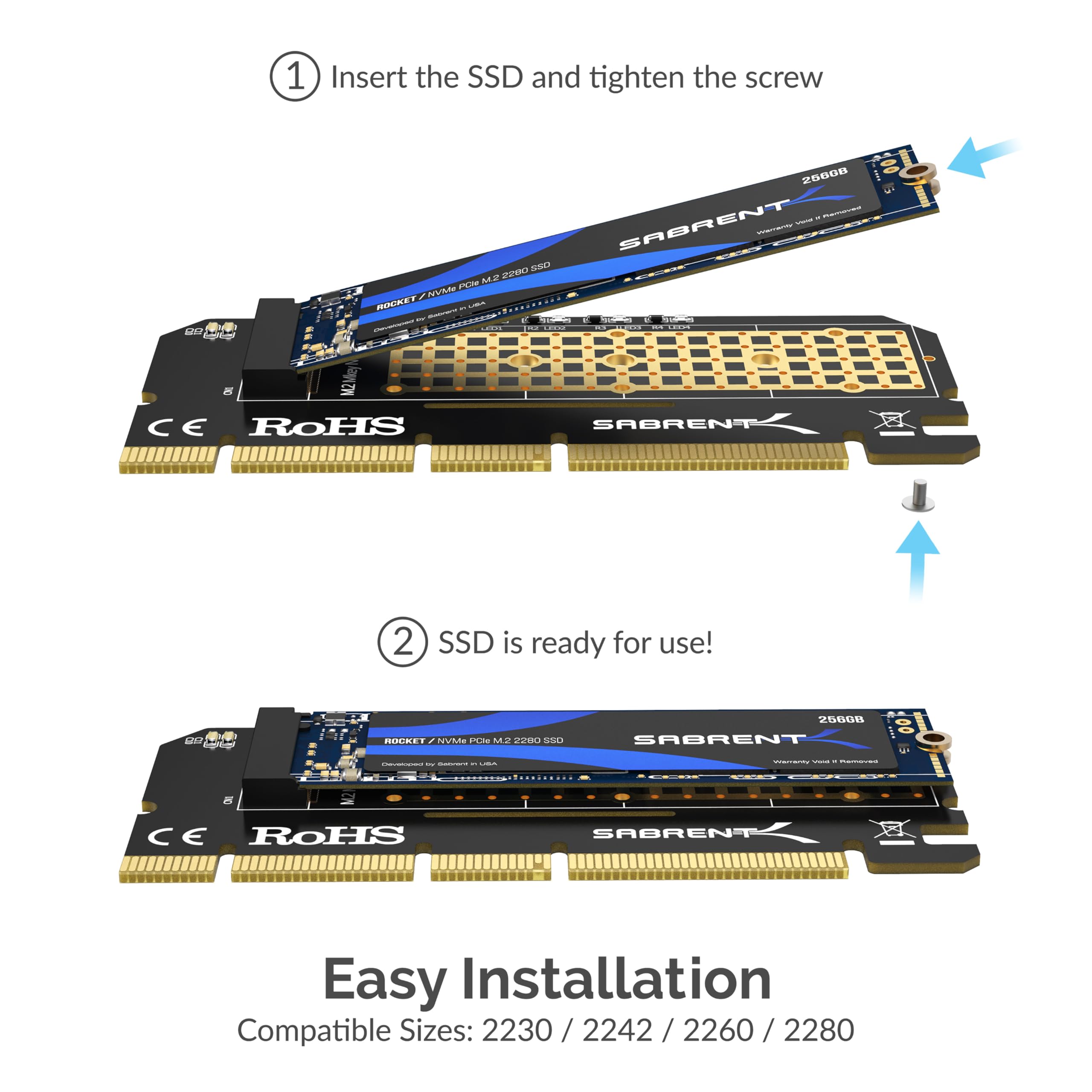 SABRENT M.2 SSD NVMe to PCIe Adapter with Aluminum Heatsink and Thermal Pad, for SSDs up to 16TB, M.2 NVMe to PCI-E converter 3.0 X4 X8 X16 Card (EC-PCIE)