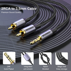 MOSWAG RCA to 3.5mm Cable, RCA Male to 3.5mm Male Headphone Jack Stereo Splitter, RCA Audio Y Splitter Compatible DJ Controller Speaker Turntable TV Car Stereo Hi-Fi Amplifer