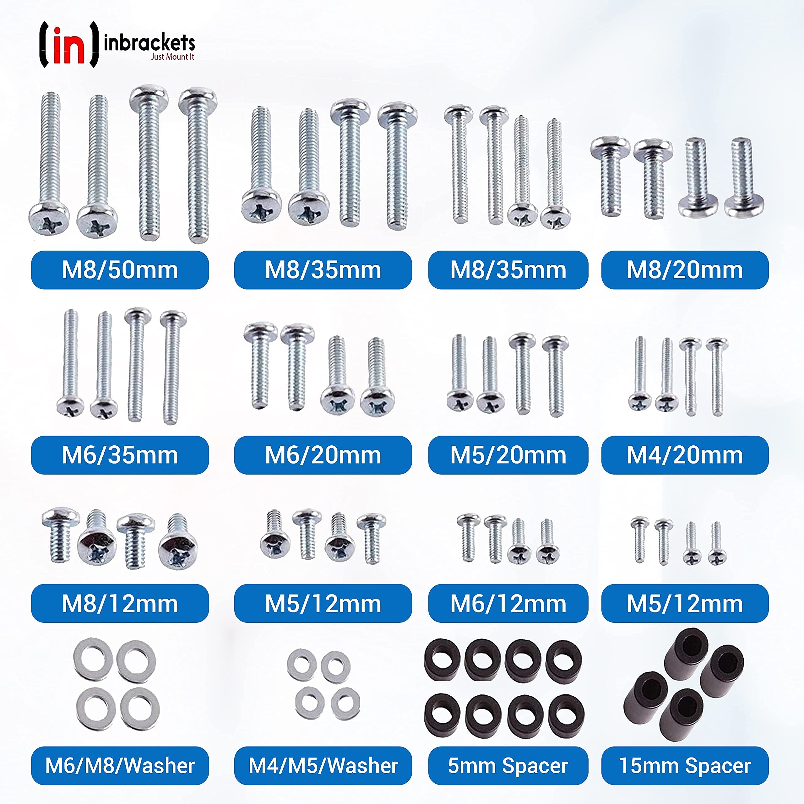 Inbrackets Universal Tv Bracket Screws Bolt Washer Spacer Spares Pack Kit for TV Bracket Wall Mounts compatiable with Vesa Tv wall mounts M4 M5 M6 M8 TOTAL 68PCS (68 Pcs)