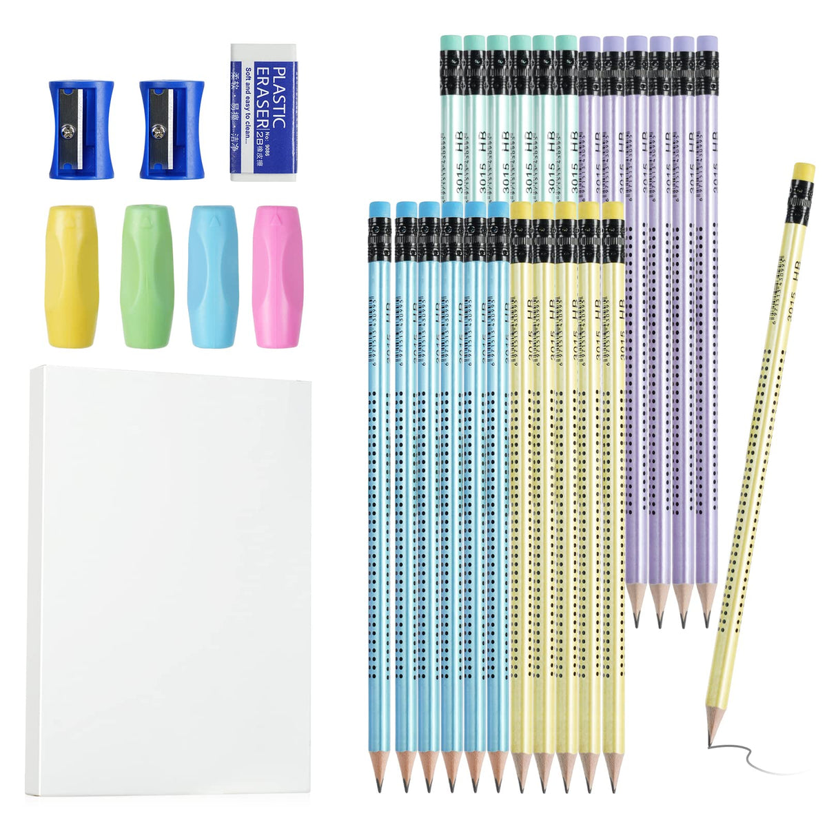 OFFCUP HB Pencils, 24pcs Pencils with Rubbers, Presharpened Pencil Writing Pencils with Rubbers on The End with 4 Pen holders, 2Pencil Sharpener and Rubbers for School Children Handwriting and Drawing