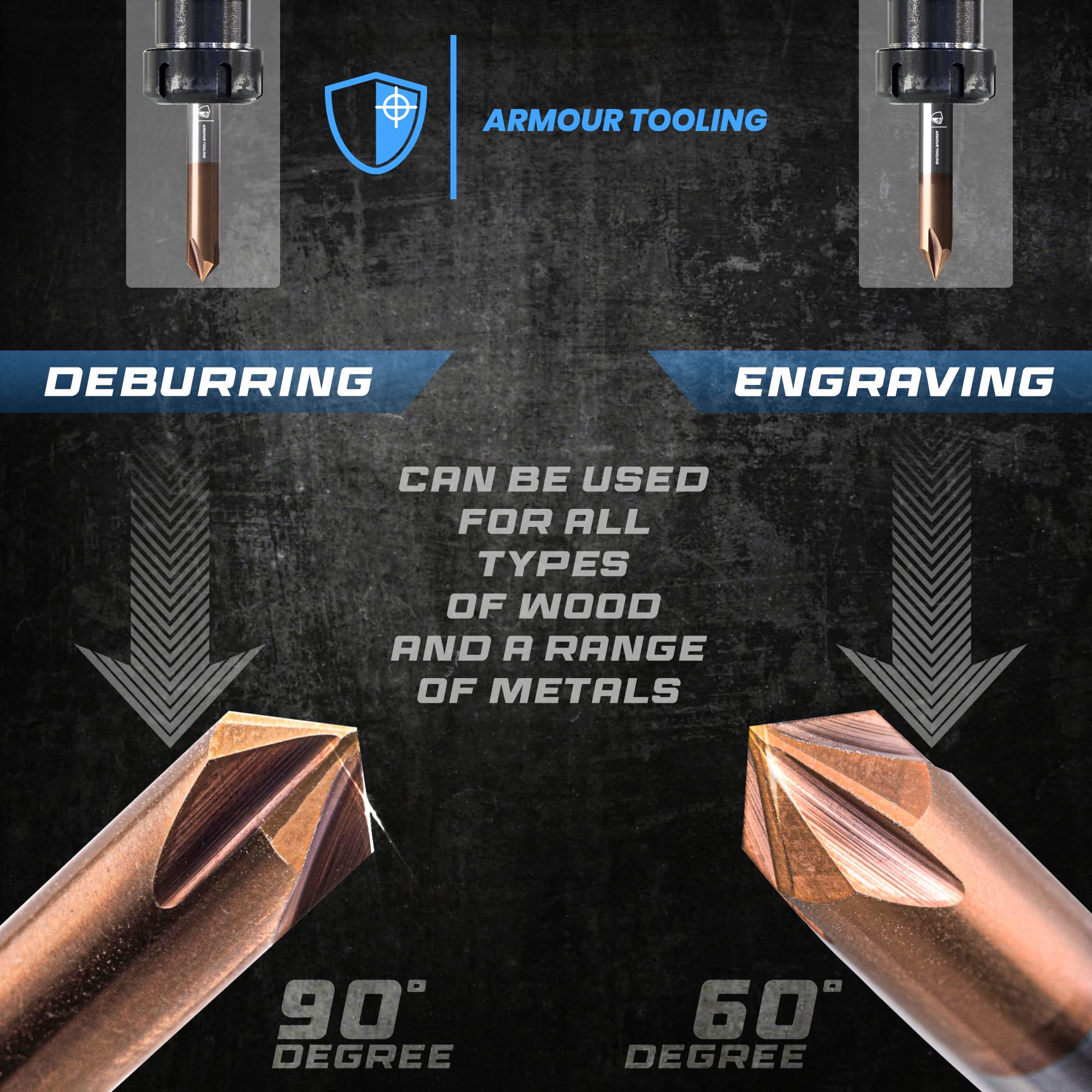 ARMOUR TOOLING - 6mm CNC router v bit - solid carbide (1/4 inch - 0.35mm) 4 flute v bit Carving and Chamfering & Deburring (60 Degree) Suitable for a wide range of materials