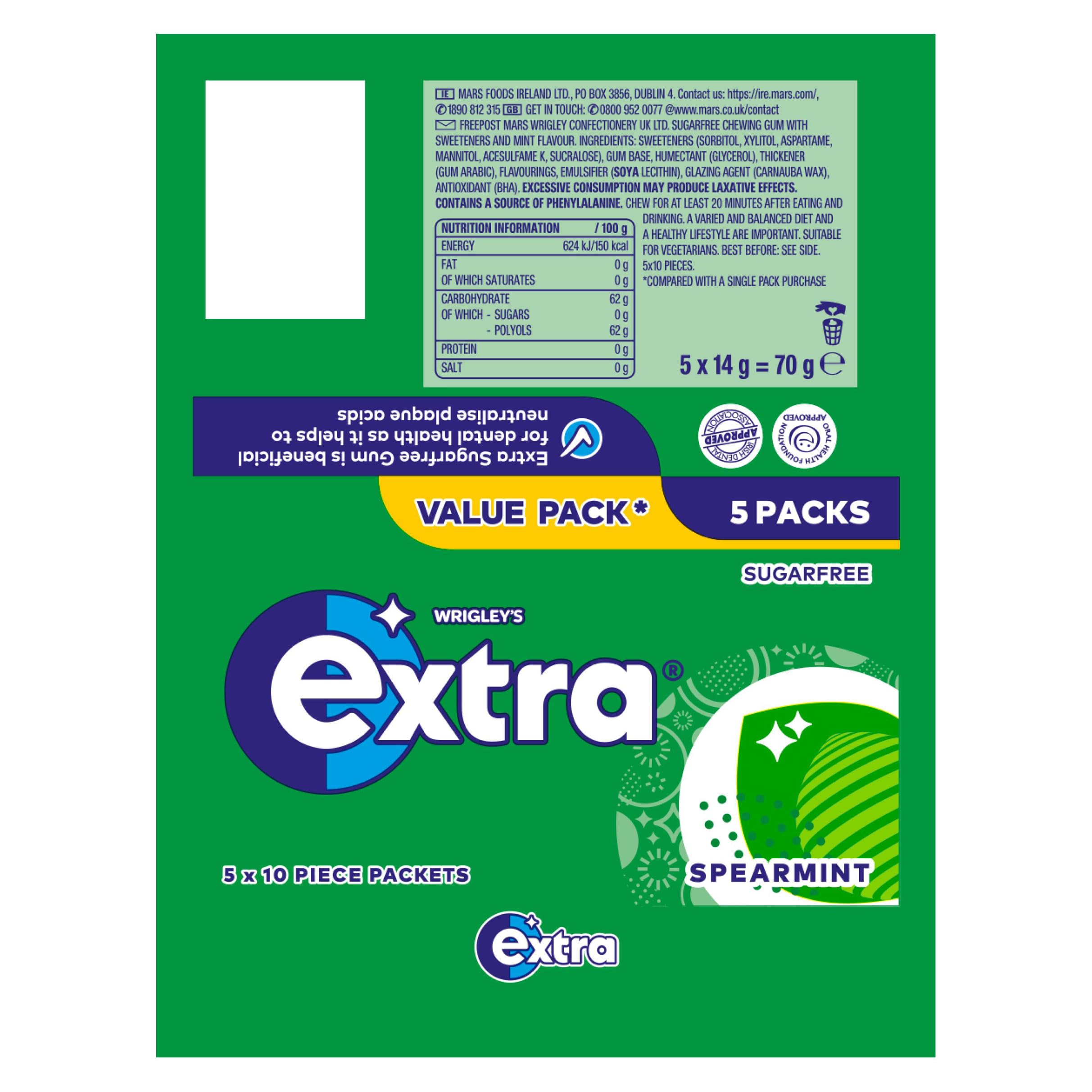 Extra Spearmint Sugarfree Chewing Gum Multipack 5 x 10 Pieces (Packaging may vary)