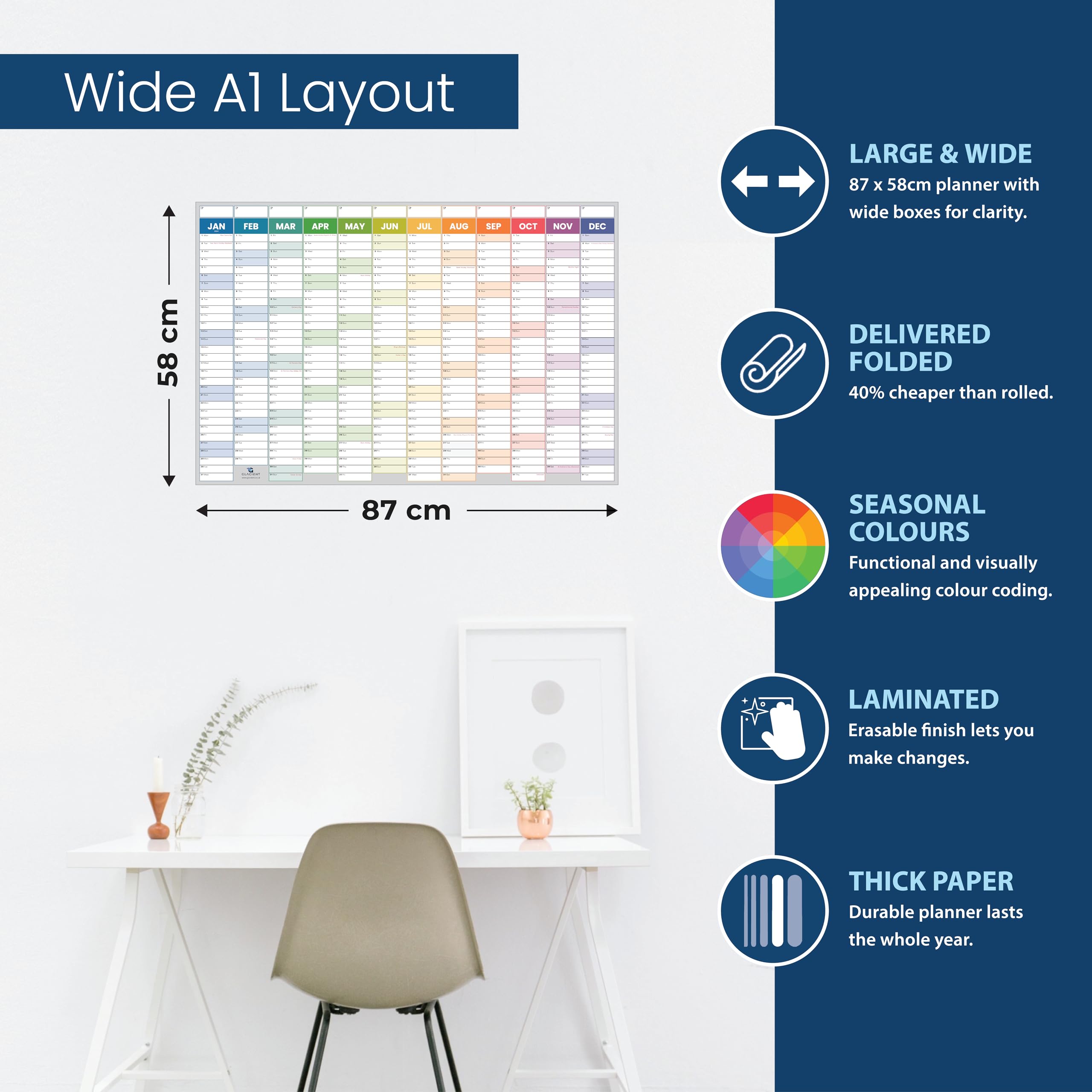 Large 2024 Wall Planner Set A1 Size (86 x 59cm) Laminated Folded Wall Calendar Pen Eraser Adhesive Dots & Stickers Family School Office by Glacient